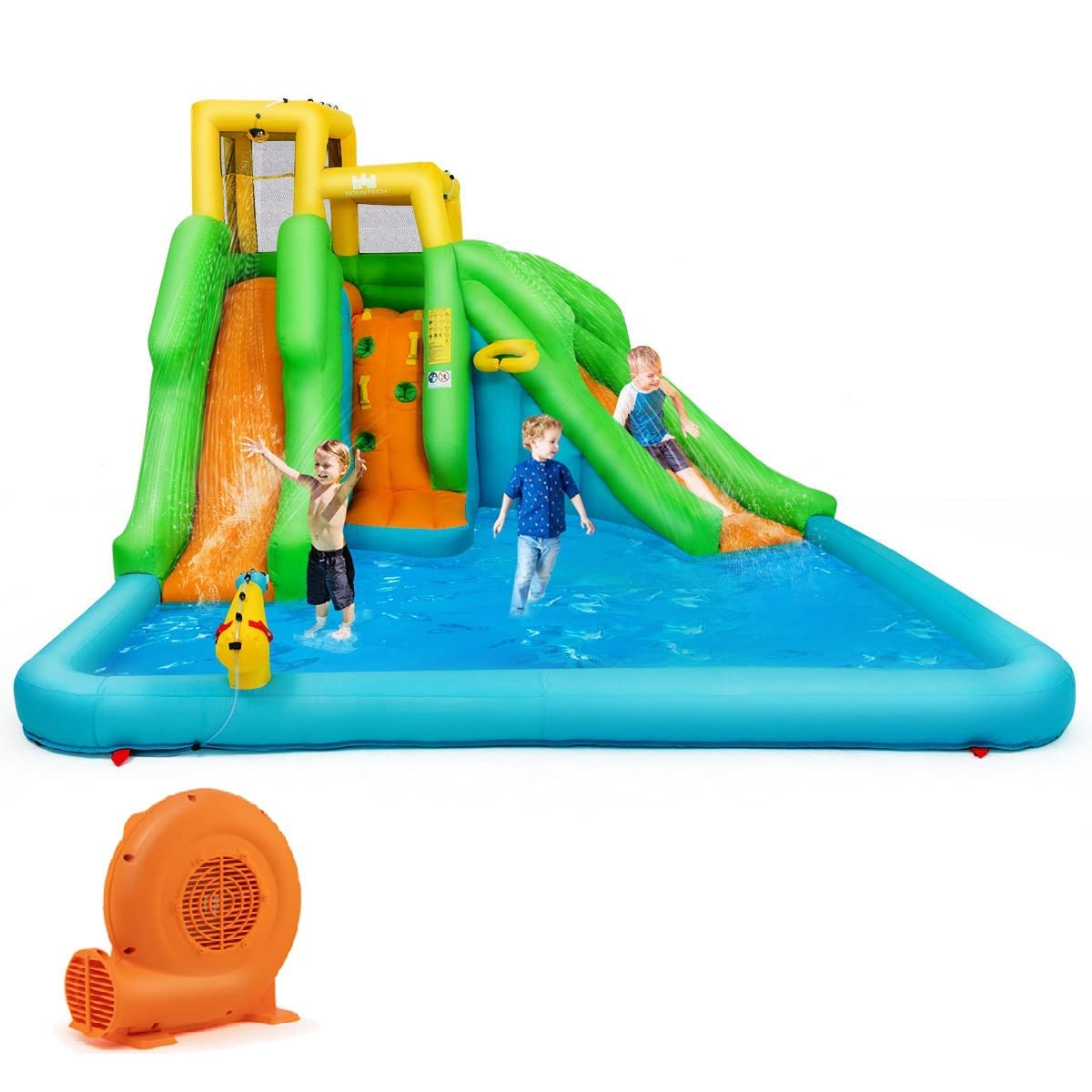 BOUNTECH 6-in-1 Inflatable Water Slide Park with 550W GFCI Blower - Giant Backyard Water Slides for Kids & Adults, 2 Slides & Splash Pool - Perfect for Summer Parties, Birthday Gifts & Outdoor Family Fun