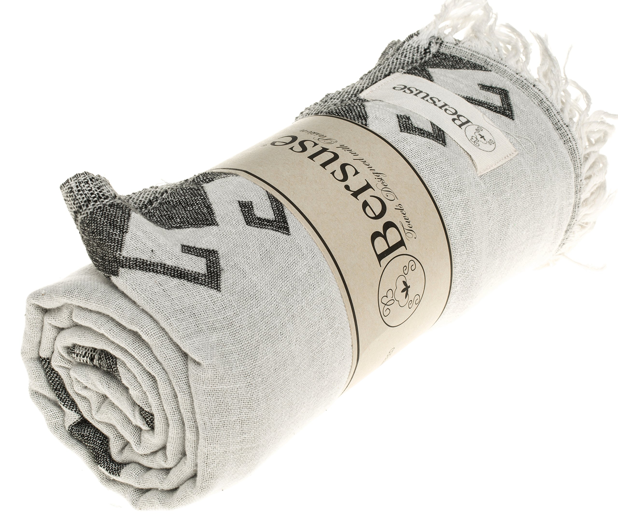 Bersuse 100% Cotton Oaxaca Turkish Towel - Ultra Absorbent Beach Towel, Bath Towel & Dual Layer Peshtemal Blanket - 37x70 Inches (Set of 3, Black) - Perfect for Pool, Spa, Travel & Yoga