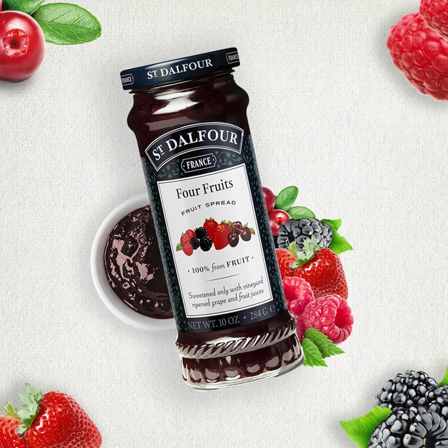 St. Dalfour Premium Four Fruit Spread - Organic Jam with Strawberry, Raspberry, Cherry & Red Currant - Perfect for Toast, Yogurt & Dessert Toppings