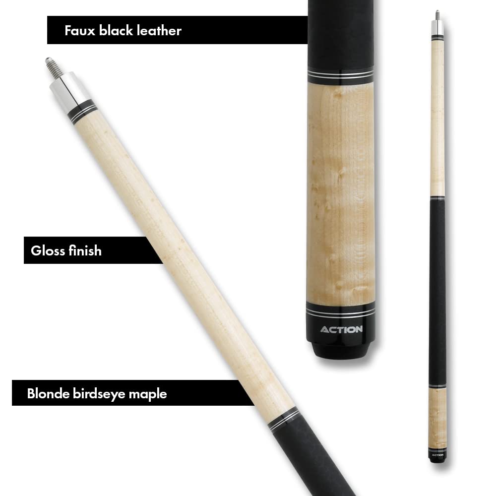 Premium Blonde Birdseye Maple Pool Cue Stick - 58 Inch Professional Billiard Cue with Black Faux Leather Wrap Grip, Double Silver Rings & Black Rubber Bumper - Perfect for Tournament Play, Home Game Rooms & Bar Entertainment