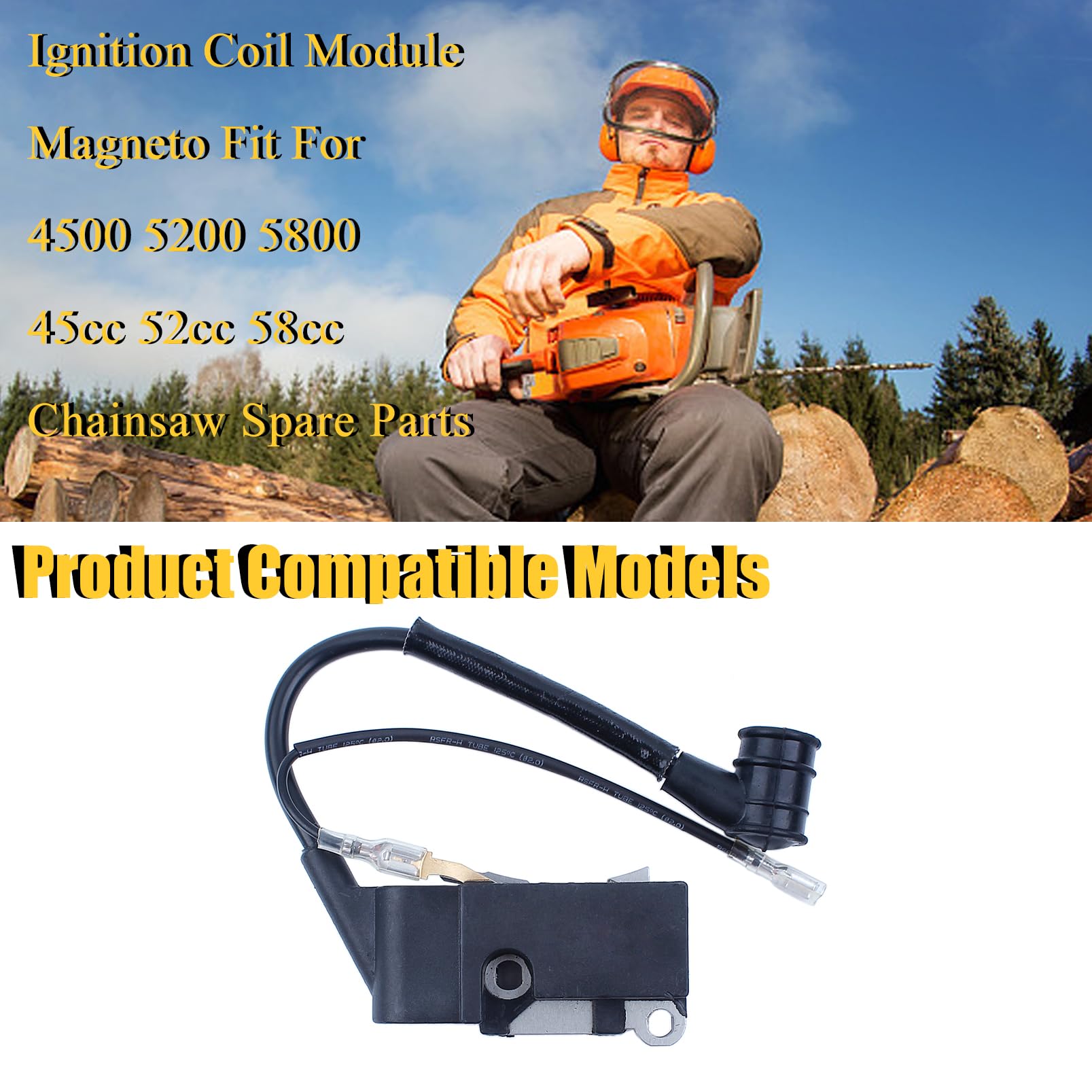 High-Performance Ignition Coil Module Magneto Replacement for Chinese Chainsaw 4500 5200 5800 45cc 52cc 58cc - Compatible Spare Parts for Forestry, Landscaping & DIY Wood Cutting Projects