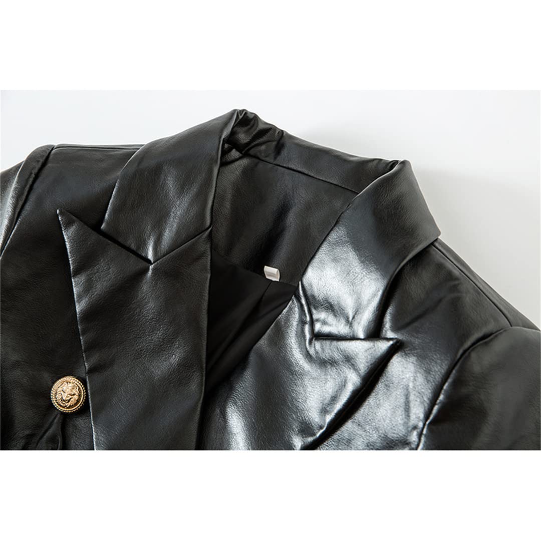 Stylish PU Leather Women's Black Blazer with Gold Buttons - Slim Fit High Street Fashion Jacket for Office, Party & Business Casual Outfits