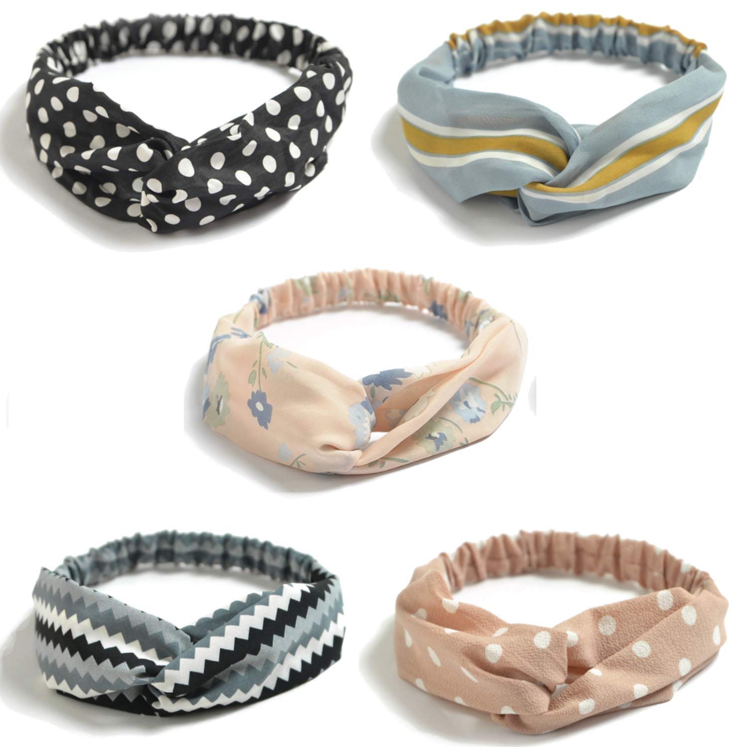 FAVELA Soft Stretchy Headbands for Women - 5 Pack Boho Criss Cross Turban Headwraps, Korean Knotted Headbands for Workout, Yoga, Running & Daily Wear | Stylish Hair Accessories for Girls & Women