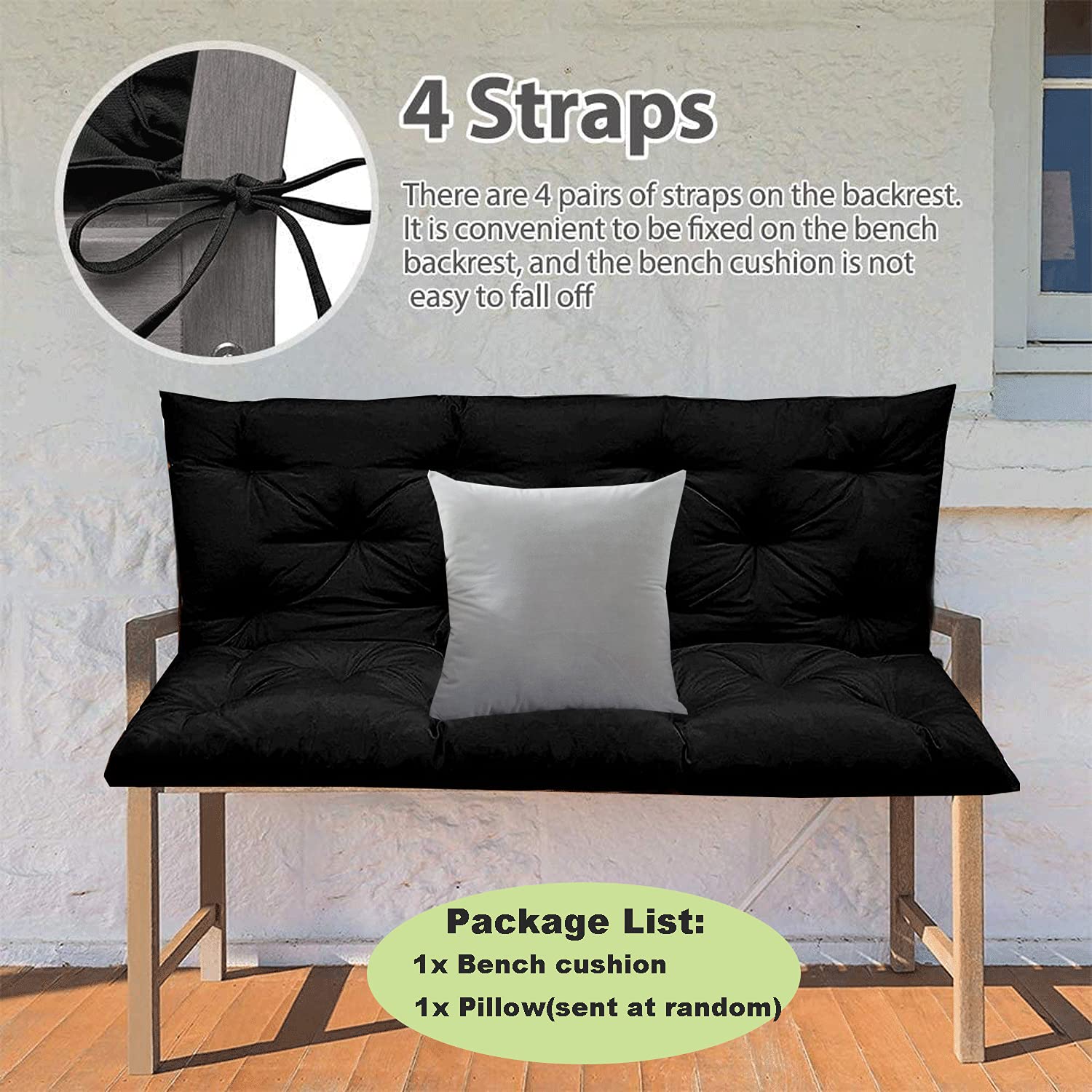 Outdoor/Indoor Bench Cushion with Backrest - 2 or 3 Seater Garden Swing Chair Cushion Set - Thick Comfortable Replacement Seat Pads for Patio Furniture (Black, 59.06x39.37 Inches) - Perfect for Lounging, Relaxing in Backyard or Sunroom