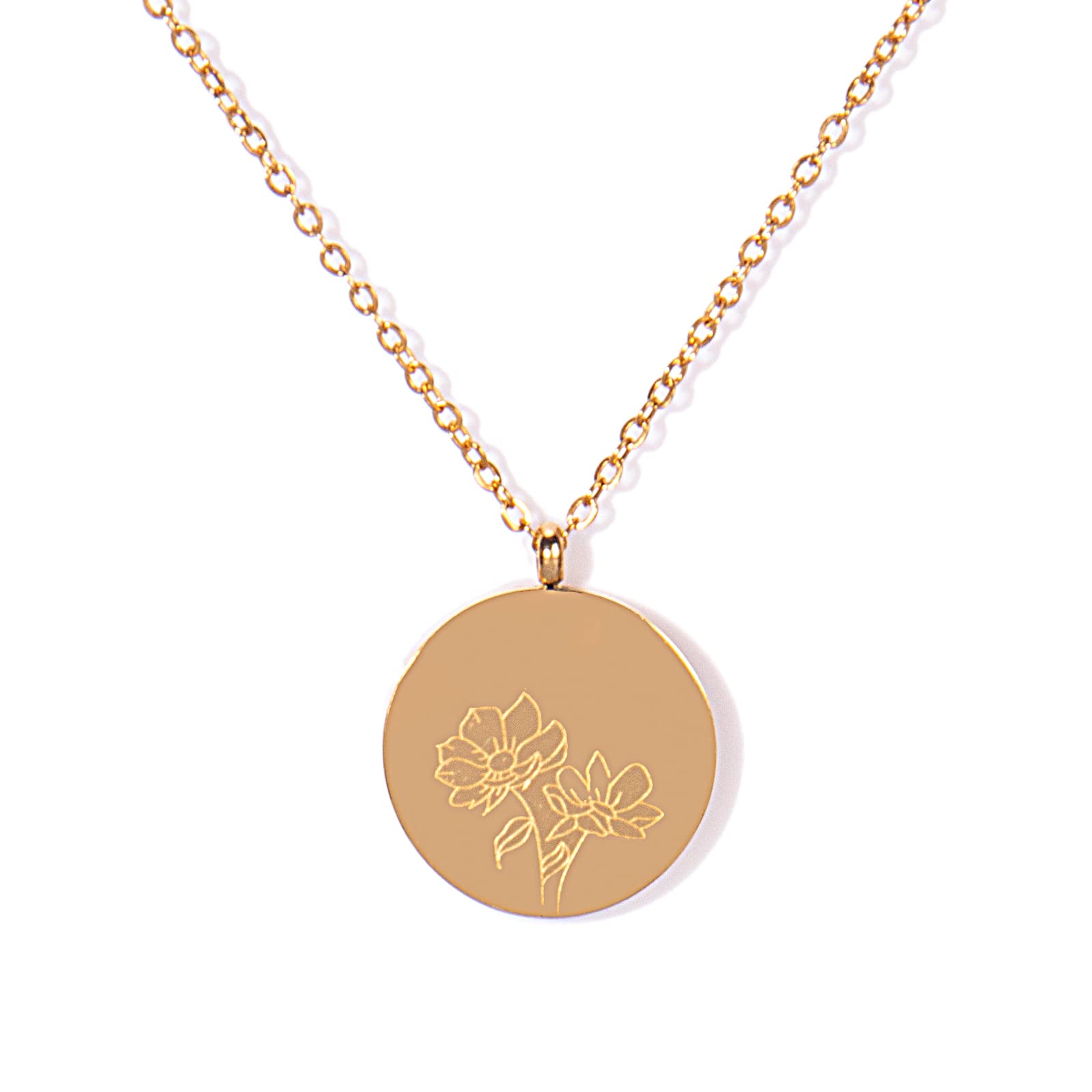 Birth Month Flower Necklace for Women - Dainty Gold Coin Pendant with Engraved Floral Design - Stainless Steel Jewelry Gift for Her - Perfect for Birthdays, Anniversaries & Special Occasions