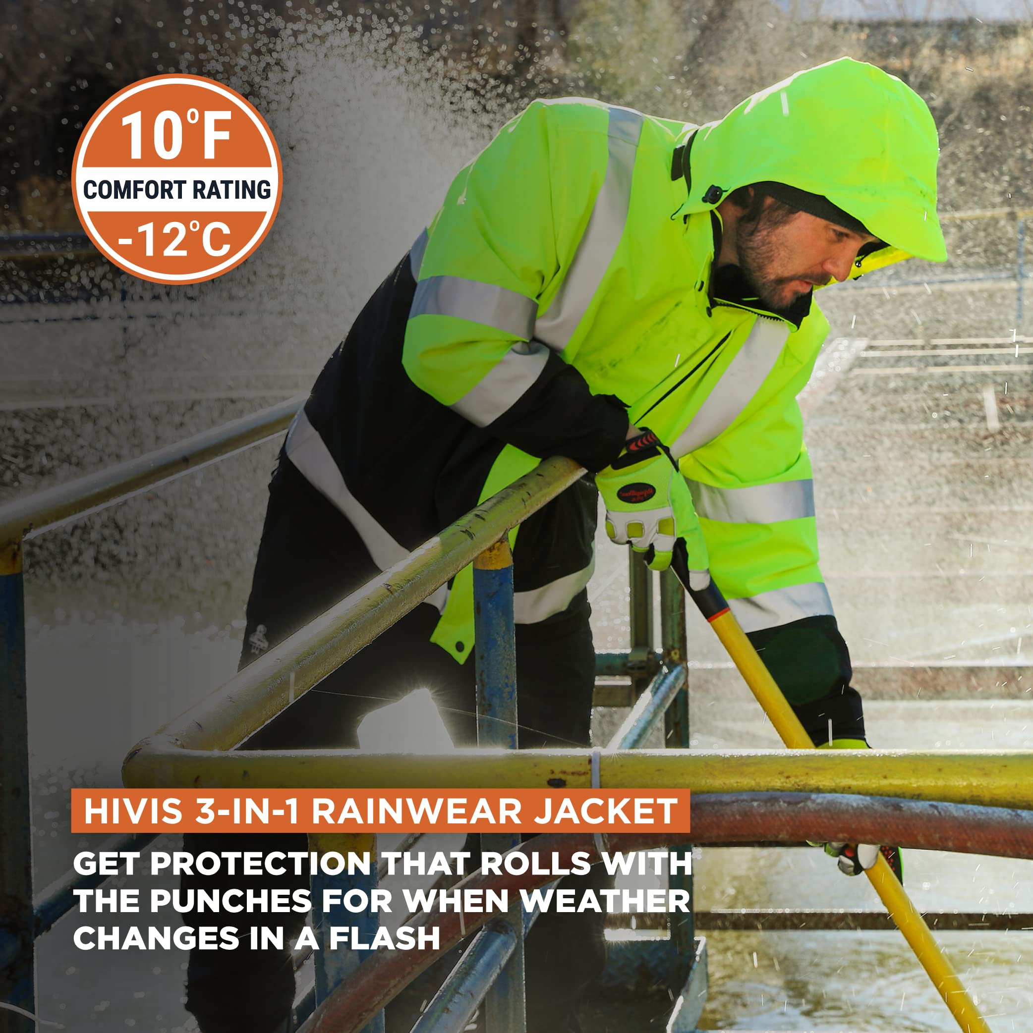 RefrigiWear Hi-Vis 3-in-1 Insulated Waterproof Jacket - ANSI Class 2 High Visibility Safety Workwear with Reflective Strips for Construction, Road Work & Outdoor Winter Activities