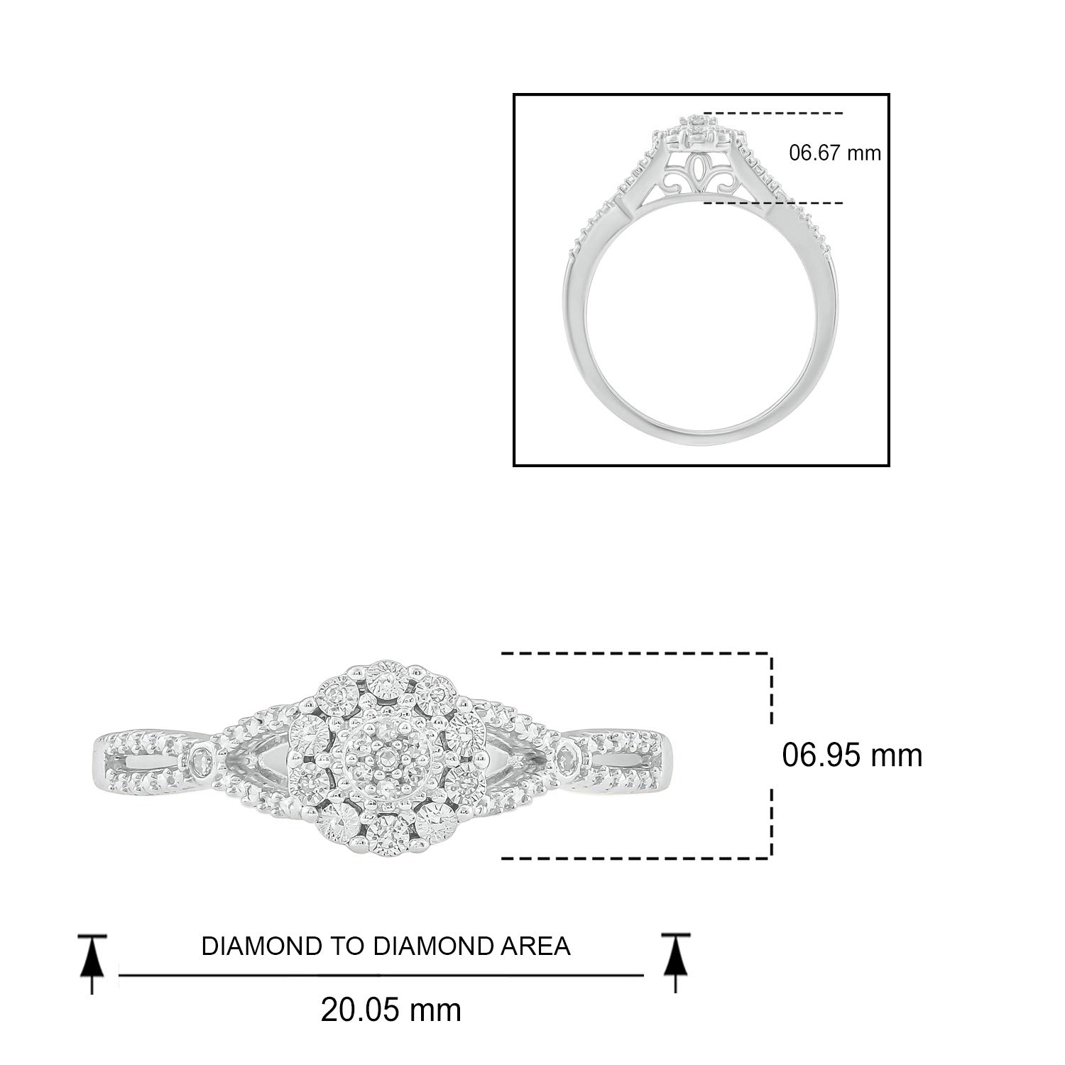 1/20cttw Diamond Cluster Promise Ring for Women - 925 Sterling Silver, Rose Gold or Yellow Gold Plated - Round White Diamond Halo Floral Engagement Ring - Perfect for Anniversaries, Proposals & Special Occasions