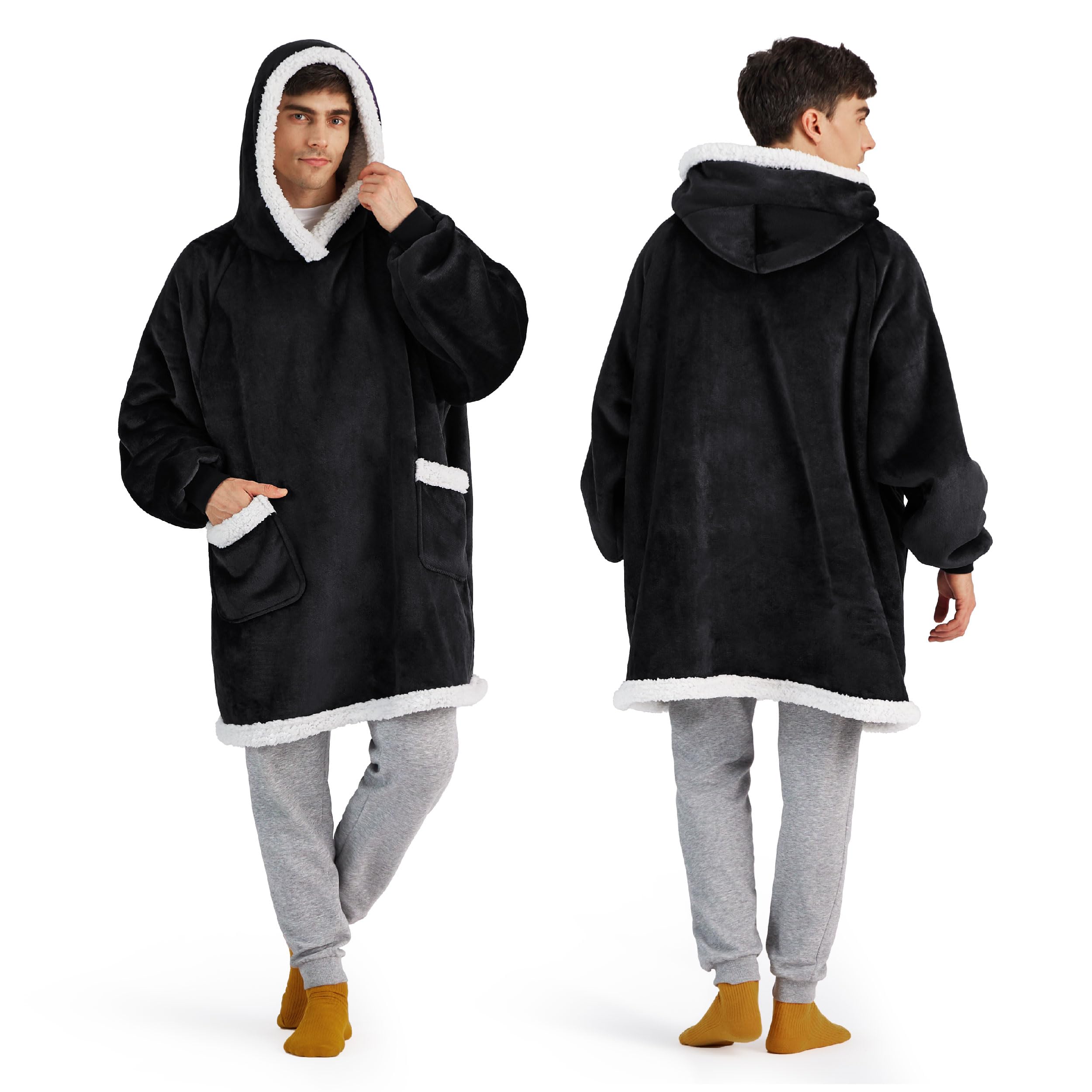 Bedsure Wearable Blanket Hoodie for Adults & Kids - Soft Oversized Fleece Hooded Blanket, Perfect Birthday Gift for Women, Men, Mom - Great for Christmas, Mothers Day, Cozy Nights at Home (Black)