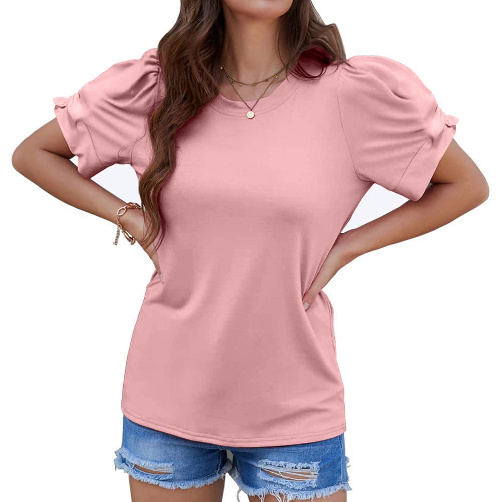 Sky Blue Women's Summer Tops - Casual Crew Neck Puff Short Sleeve Tunic T-Shirts for Women | Skinny Fit Comfortable Tee for Everyday Wear, Beach Outings & Summer Fashion
