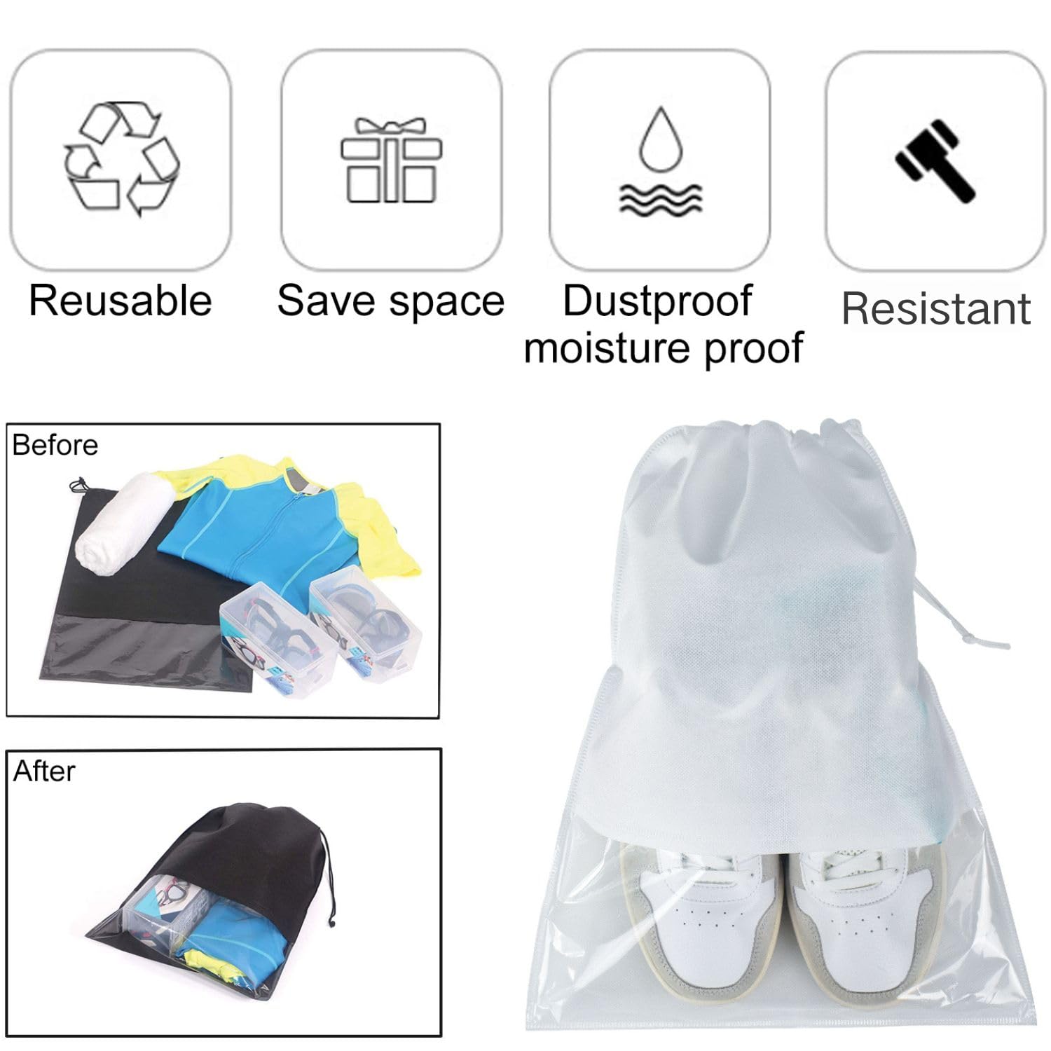 6 Pcs Travel Shoe Bags - Breathable Drawstring Shoe Storage Pouches for Packing & Organization (White) - Perfect for Gym, Vacation & Sports Equipment Storage