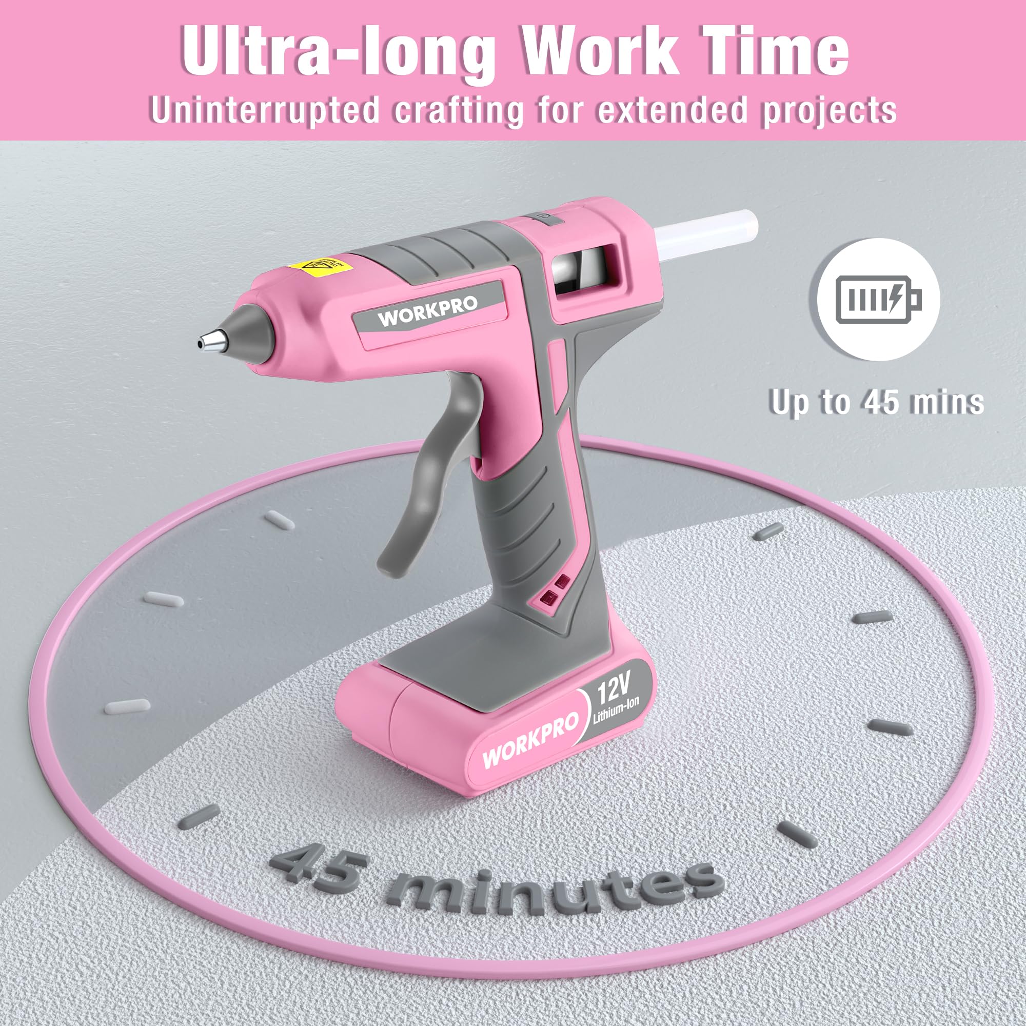 WORKPRO 12V Rechargeable Cordless Hot Melt Glue Gun Kit - Fast Heating with 15 Full Size Glue Sticks, Auto Power-off for DIY, Arts & Crafts, Home Repairs, School Projects - Pink Ribbon Design