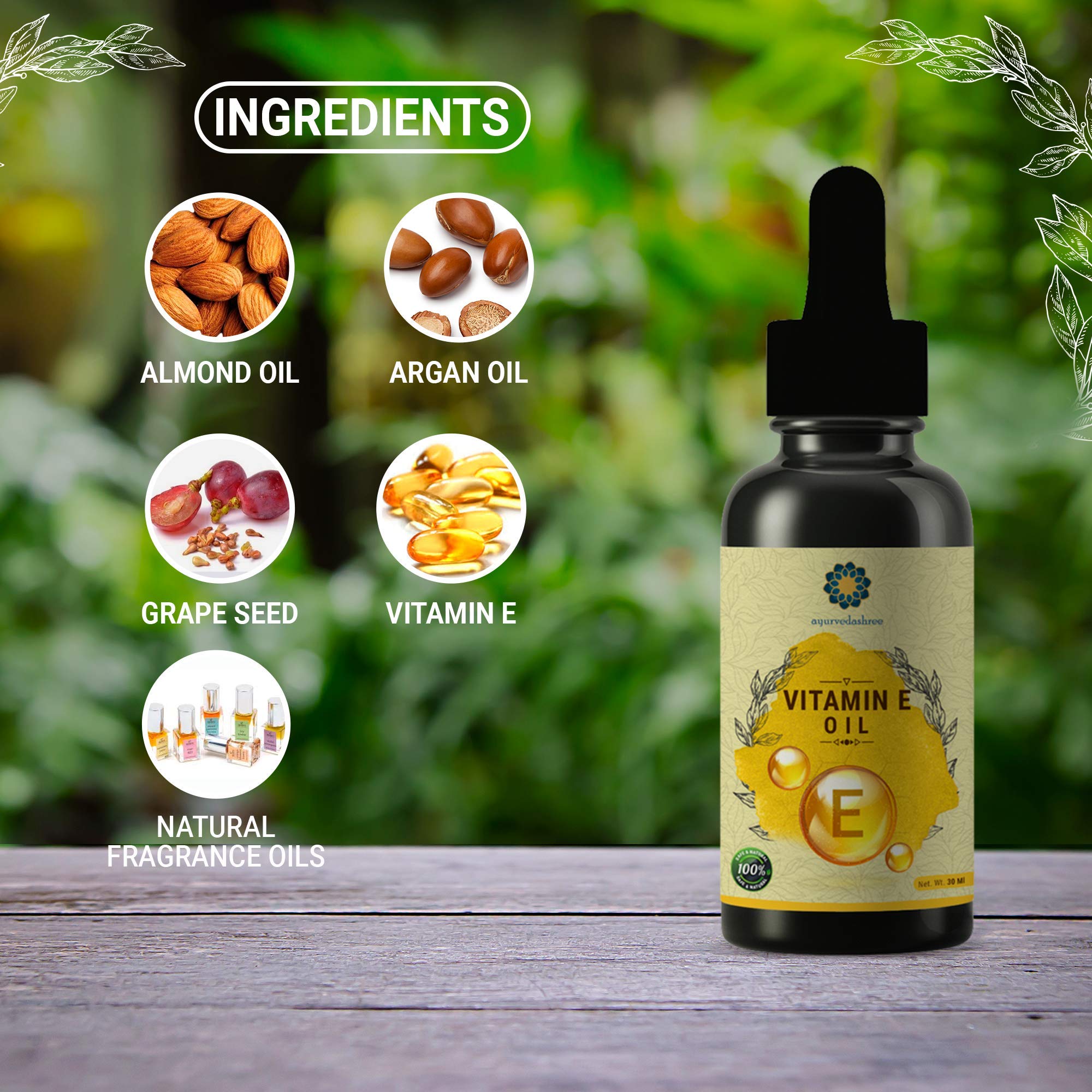 AYURVEDASHREE Vitamin E Oil 30ml with Almond, Argan & Grape Seed Oils - Natural Skin & Hair Care for Hydration, Anti-Aging & Repair - Perfect for Face, Body & Scalp Treatment