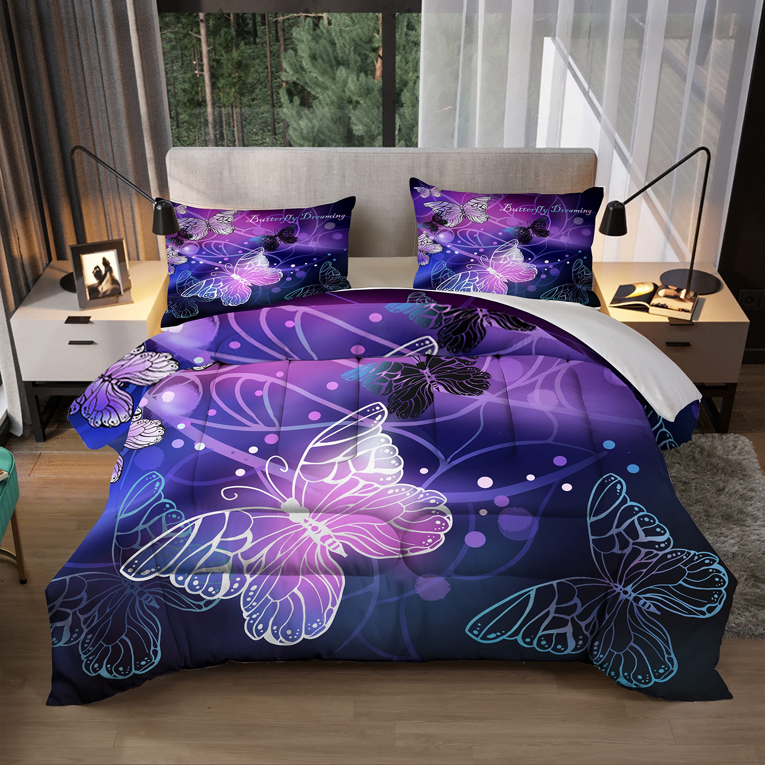 Sunnycitron 3D Purple Butterfly Bedding Set - Queen Size Comforter with 2 Pillowcases | Vibrant Neon Butterfly Design for Girls & Teens | Fade Resistant & Machine Washable | Perfect for Bedroom Decor, Sleepovers & Teen Room Makeover
