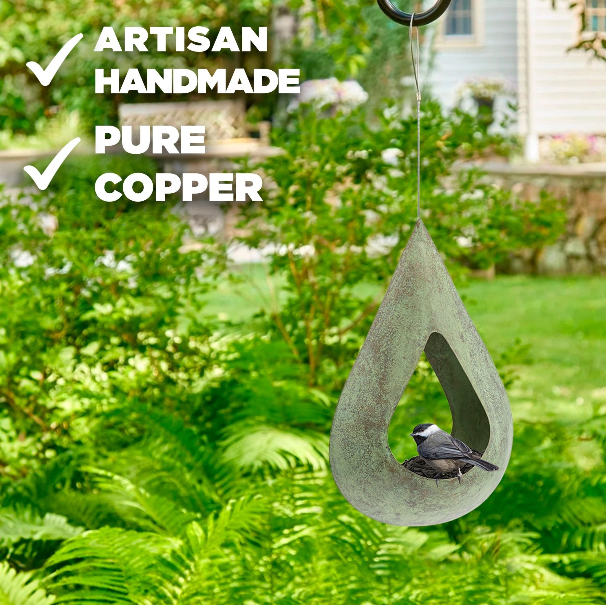 Verde Copper Rain Drop Fly-Thru Bird Feeder - Durable Outdoor Garden Decor for Attracting Wild Birds - Perfect for Backyards, Patios & Nature Lovers