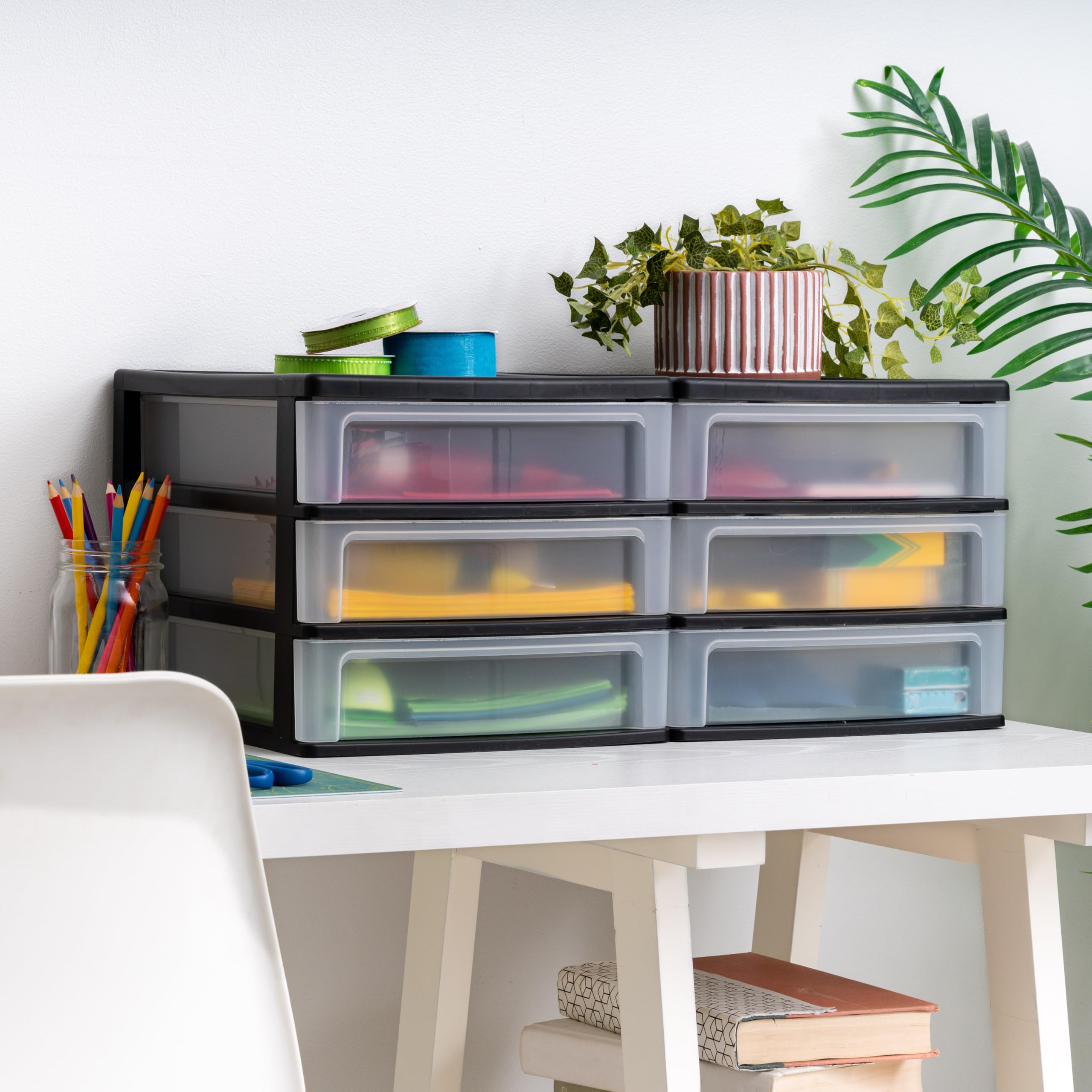 IRIS USA 3-Drawer Plastic Stacking Desk Organizer, 2-Pack - Black Medium Storage Bins for Makeup, Nail Polish, Office Supplies, Crafts & Small Items | Perfect for Vanity, Bathroom, Kitchen, Garage & Home Organization