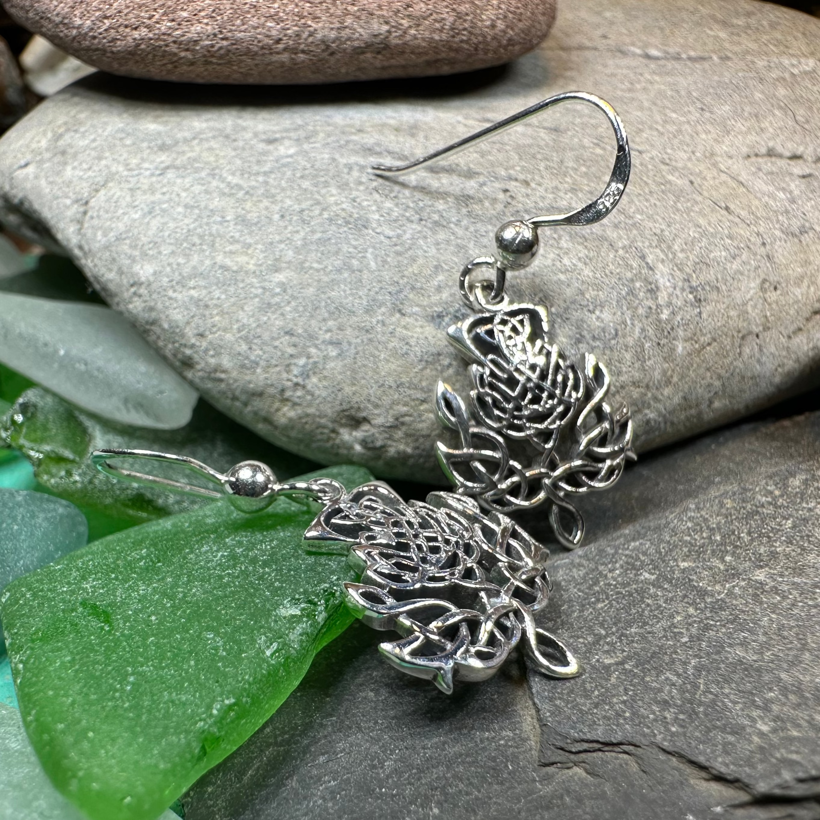 Eildon Thistle Earrings for Women - Sterling Silver Scottish Thistle Flower Dangle Earrings - Perfect for Celtic Festivals, Weddings, and Special Occasions