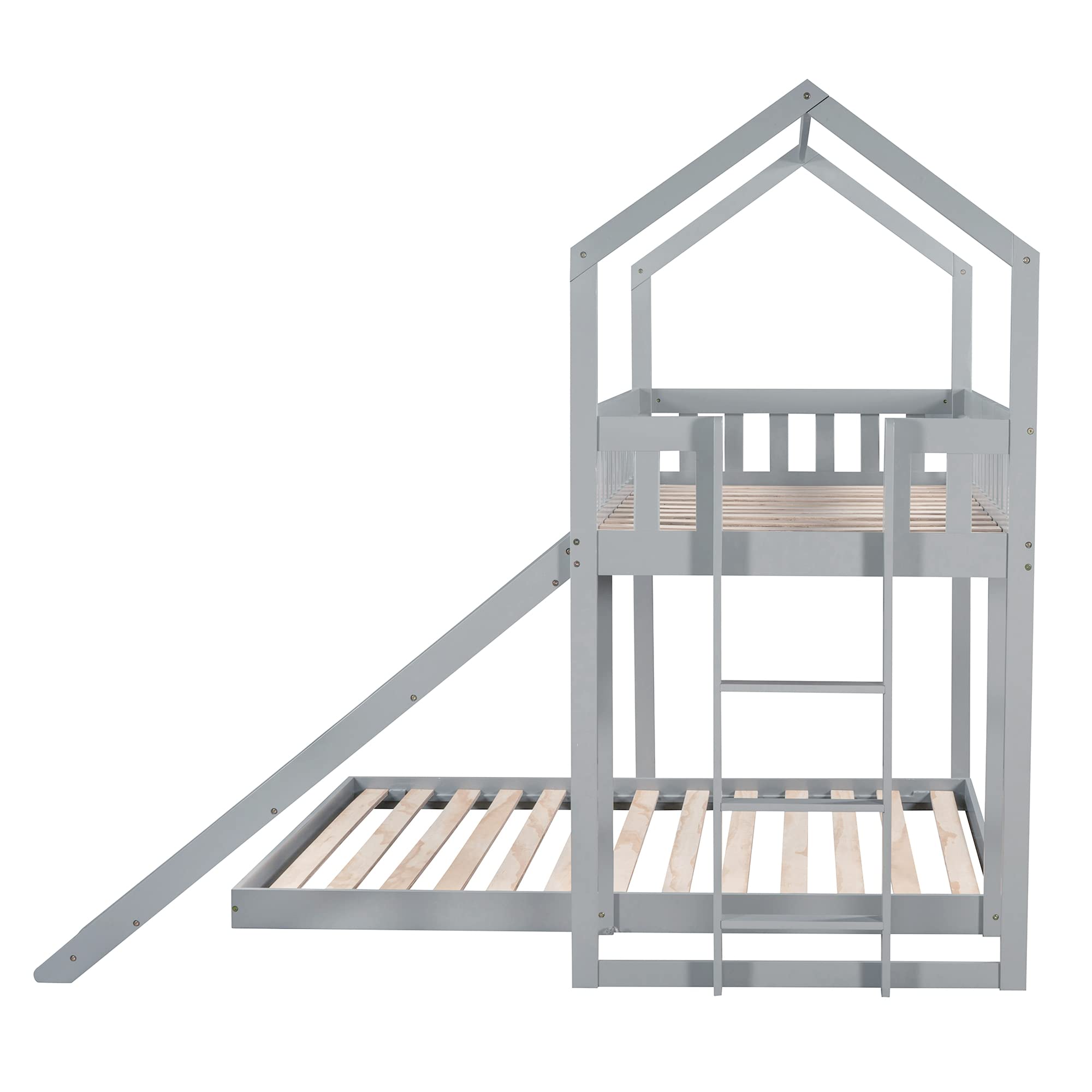LZ LEISURE ZONE Twin Over Full Bunk Bed with Slide - Sturdy House Bunk Bed Frame with Built-in Ladder & Full-Length Guardrail - Perfect for Kids, Teens & Adults - Space-Saving Grey Loft Bed for Small Rooms, Dorms & Shared Kids' Bedrooms