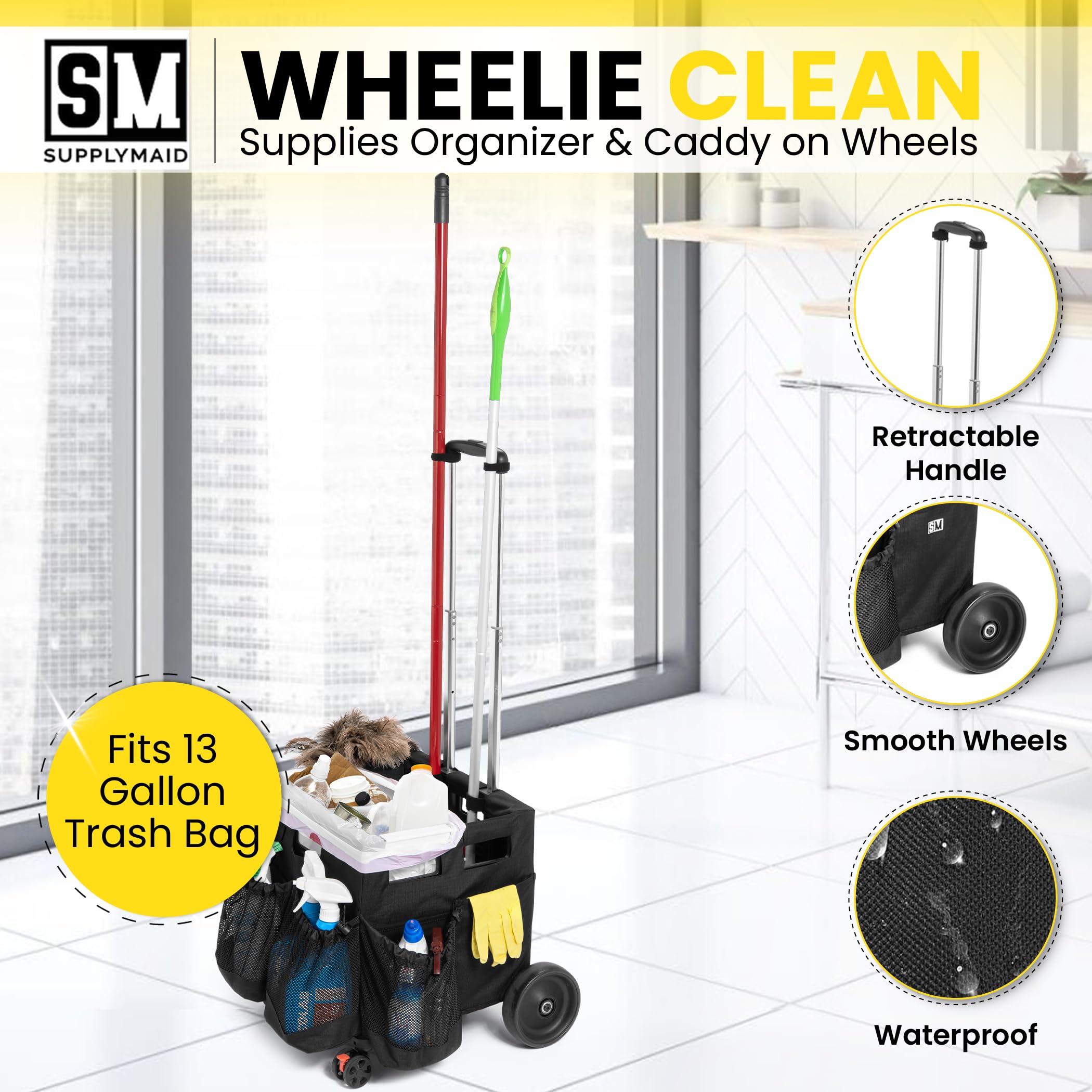 Wheelie Clean - Stair Climbing Cleaning Caddy Organizer with Wheels | Portable Cleaning Supplies Storage for Bathroom, Kitchen & Home Use