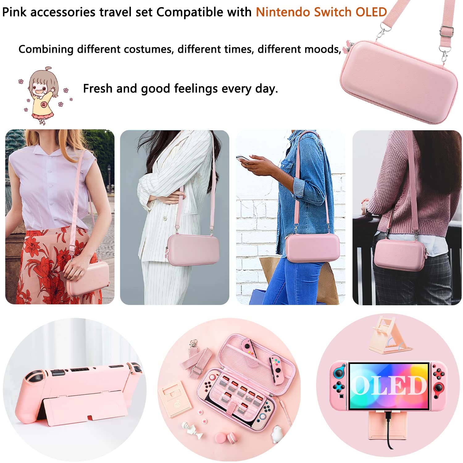 Pink Travel Carrying Case Accessories Kit for Nintendo Switch OLED 2021 - 10-in-1 Protection Set with Hard Cover, Screen Protector, Stand & Thumb Grips | Perfect for Gaming On-The-Go & Travel Protection