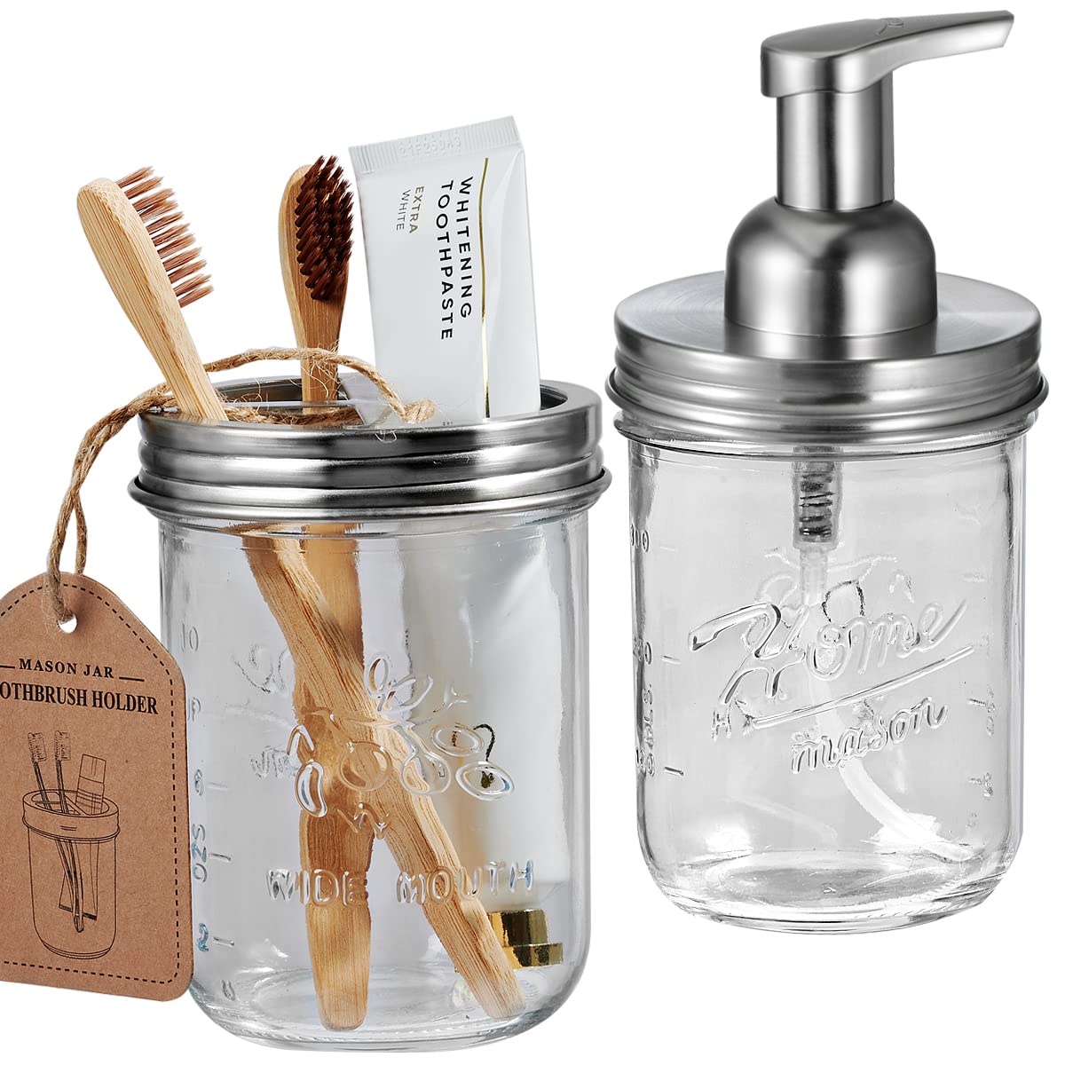 Farmhouse Mason Jar Bathroom Accessories Set - Brushed Nickel Foaming Soap Dispenser & Toothbrush Holder - Rustic Vanity Organizer for Countertop Decor | Perfect for Farmhouse, Cottage & Apothecary Style Bathrooms