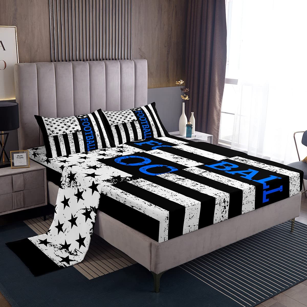 American Flag Full Sheet Set - Vintage Black & White Stripes Football Sports Bedding for Kids, Teens & Adults - 4pc Comfy Deep Pocket Fitted Sheet, Flat Sheet & 2 Pillowcases - Perfect for Game Day, Dorm Rooms & Patriotic Home Decor