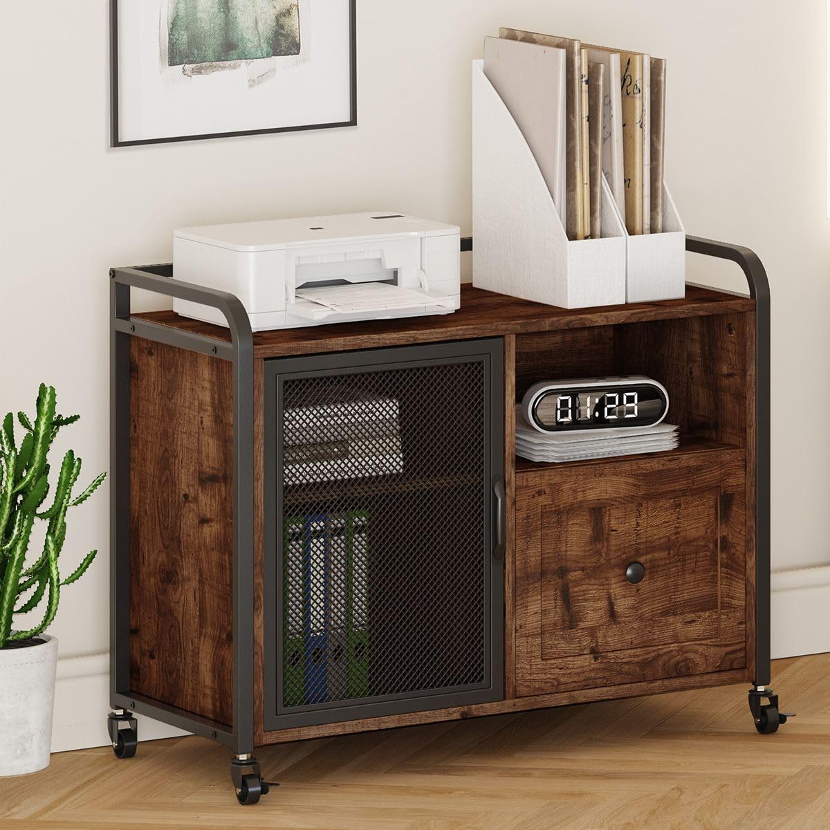 BON AUGURE Rolling Lateral File Cabinet - Rustic Oak Wood & Metal Home Office Storage with Printer Stand & Drawer | Perfect for Small Spaces, Under Desk Organization & Office Decor
