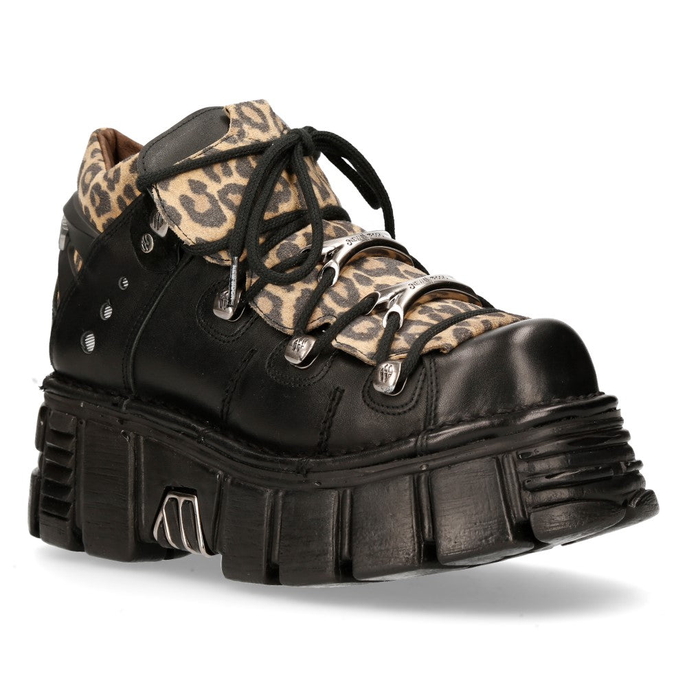New Rock TOWER Boots - Black & Leopard Print Combat Boots for Women & Men | Perfect for Punk, Gothic & Alternative Fashion | Outdoor, Concerts & Everyday Wear