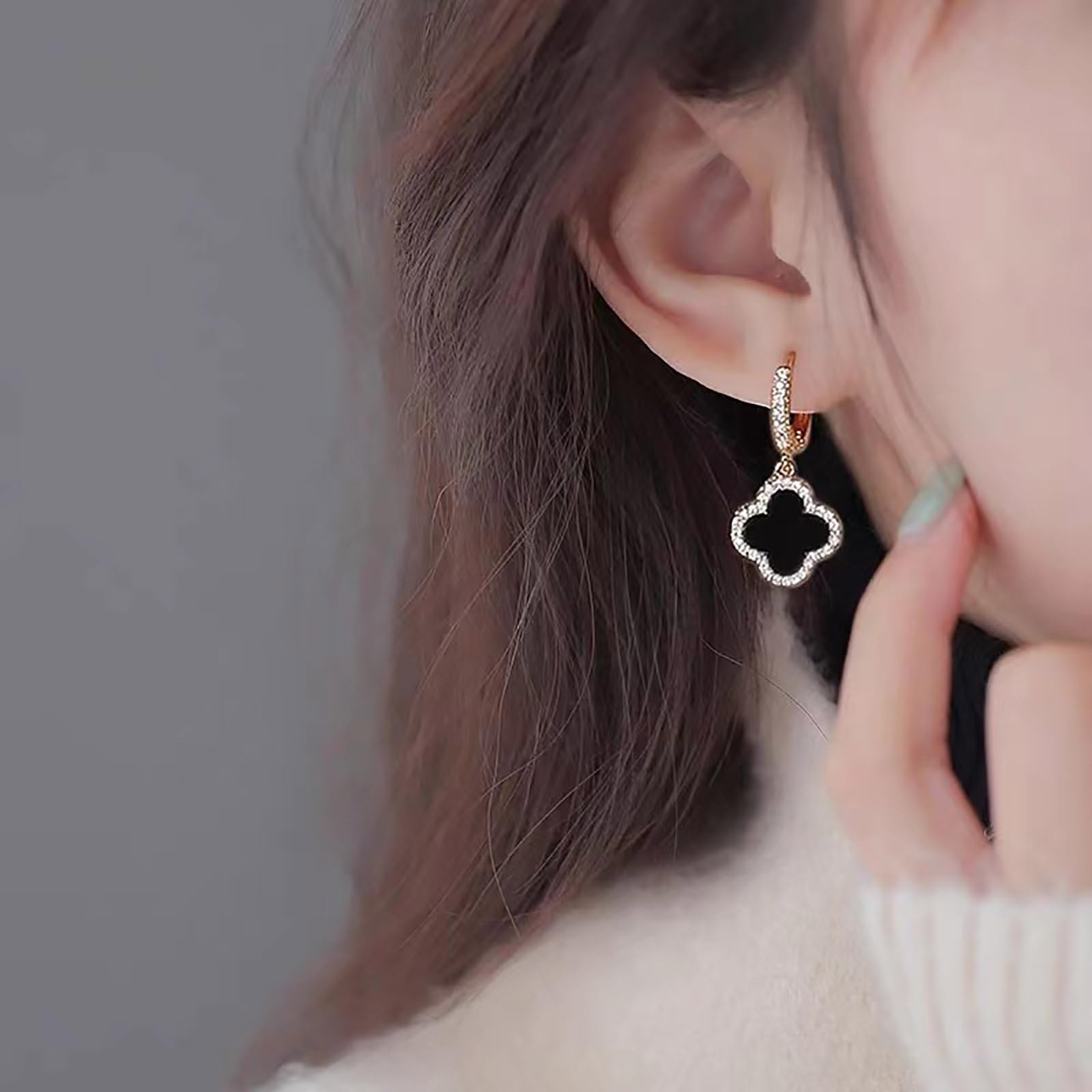 Boho Four Leaf Clover Earrings for Women - Black Crystal Clover Dangle Huggie Hoop Earrings with CZ Stones, Lucky Charm Jewelry Gift for Women and Girls | Perfect for St. Patrick's Day, Parties & Everyday Wear