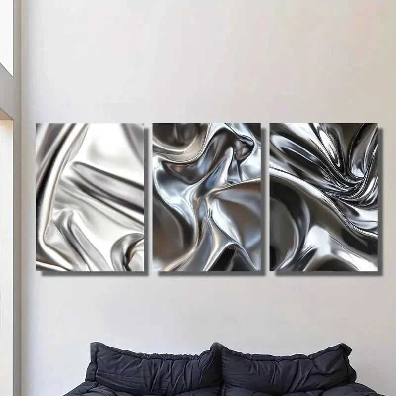 3-Piece Silver Glossy Liquid Metal Style Wall Art - Ready to Hang Modern Home Decor for Living Room, Bedroom & Office