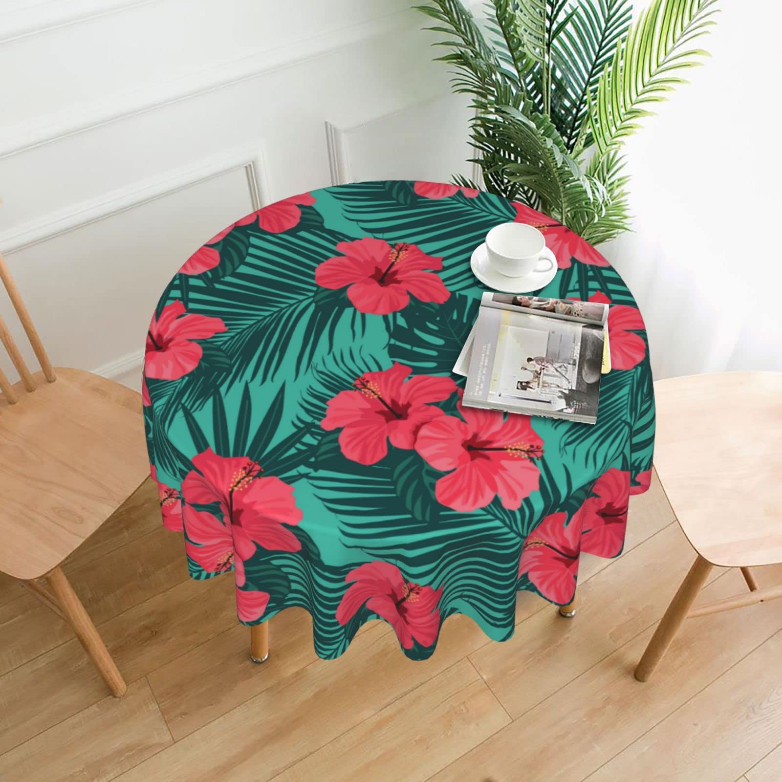 60 Inch Green Tropical Palm Floral Round Tablecloth - Waterproof Spill Proof Hawaiian Party Decor for Dinner, Picnic, Camping & Outdoor Events