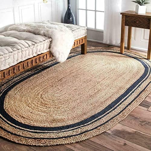 Handwoven Jute Farmhouse Area Rug - Natural Braided Oval Rug for Living Room, Bedroom, Kitchen - 3x12 Feet Black Striped Design - Perfect for Boho Decor, Cozy Home & Rustic Interior Styling