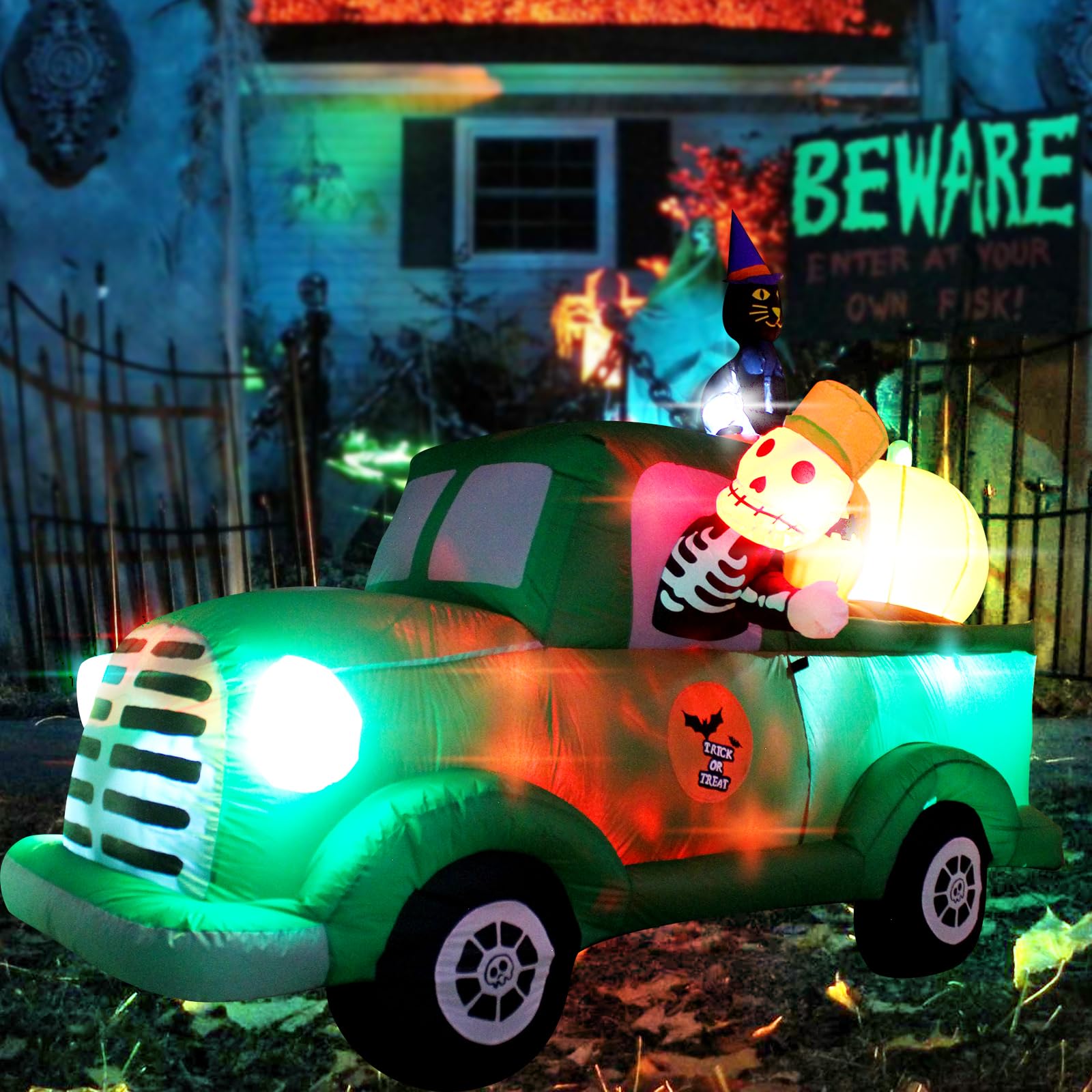7.5Ft Long Halloween Inflatable Ghost Car with LED Lights - Spooky Outdoor/Indoor Holiday Decor, Blow Up Green Car Yard Decoration for Halloween Party, Giant Lawn Inflatable for Garden & Haunted House Decorations (Perfect for Halloween Yard Displays, Haunted House Parties & Trick-or-Treat Decor)