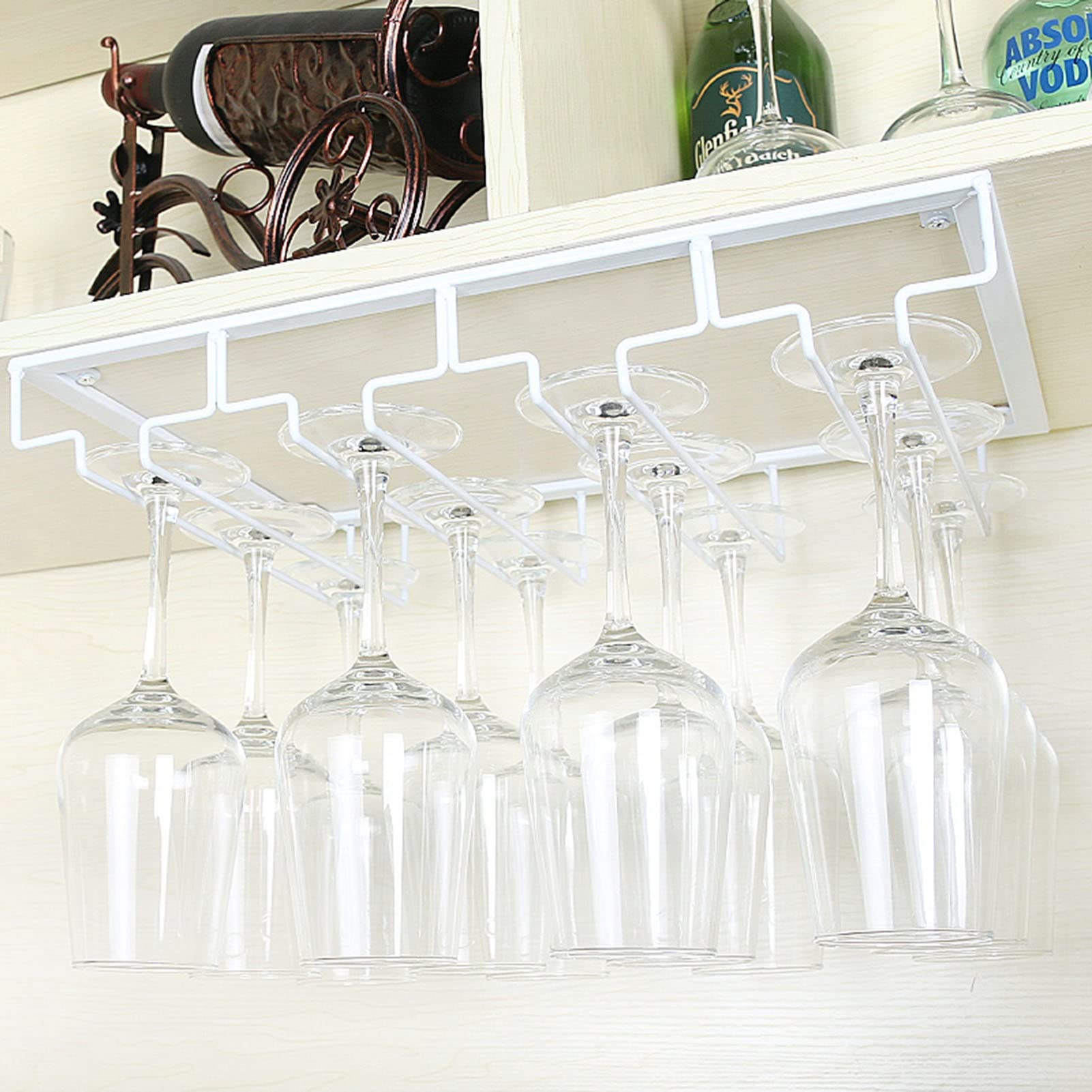 3-8 Slot Under Cabinet Metal Wine Glass Rack - Stemware Holder & Mug Storage Hanger for Kitchen, Bar, or Restaurant - Space Saving Shelf Organizer (5 Slot Size) - Perfect for Storing Wine Glasses, Coffee Mugs & Barware Under Shelves or Counters