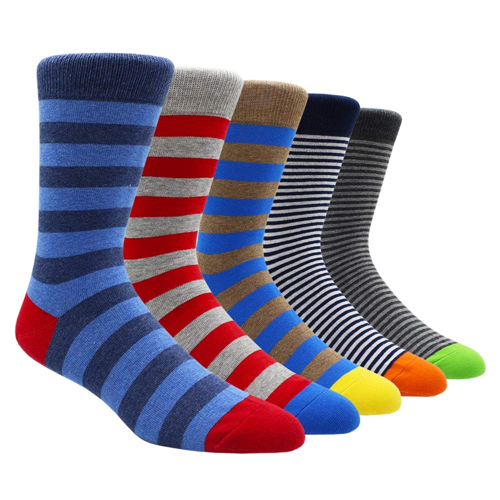 Funny Men's Dress Socks - Colorful Striped Cotton Novelty Socks (Size 10-13) - Pack of Fun Pattern Casual Socks for Office, Party & Gifts