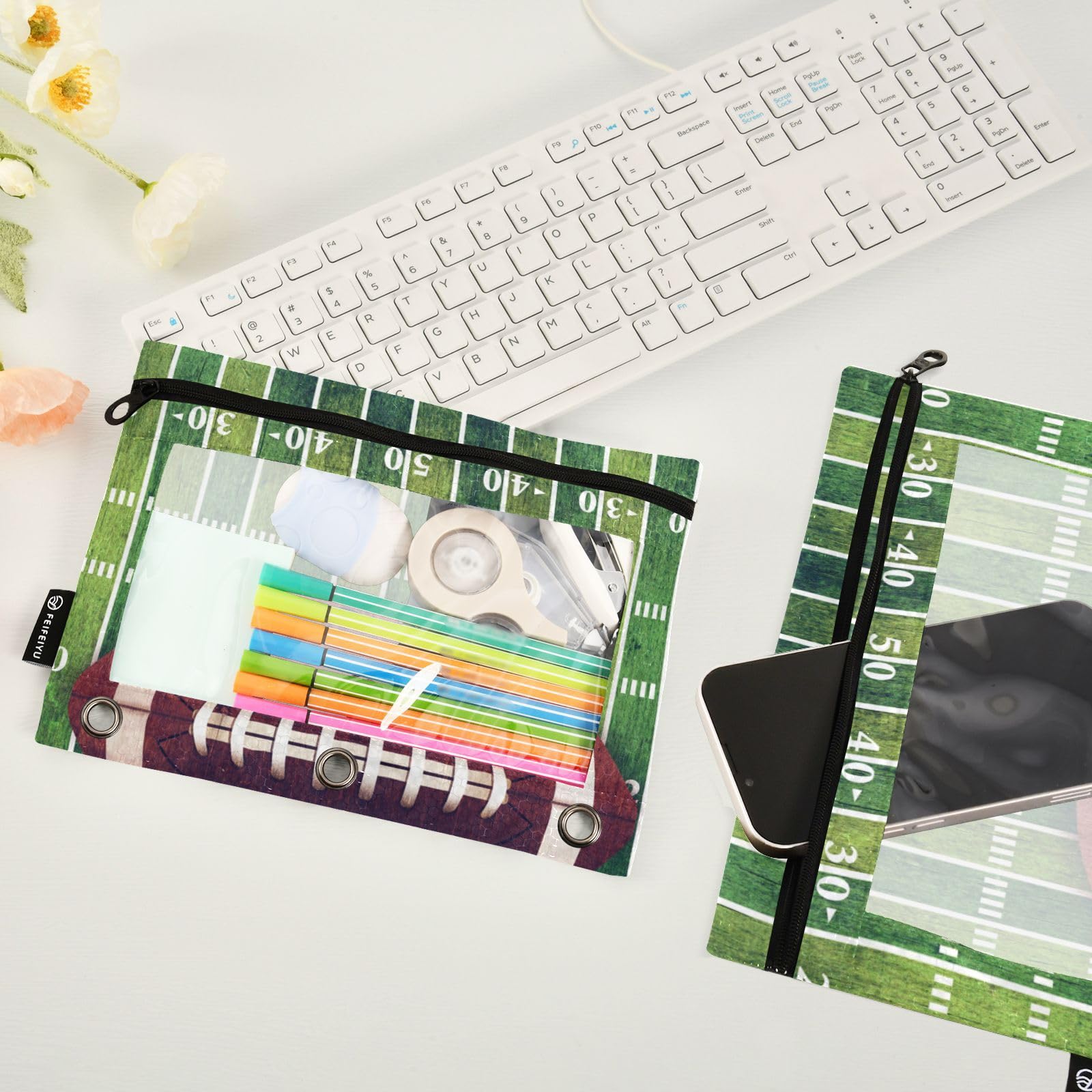 2 Pack Clear Zippered Football Pencil Pouch for 3 Ring Binder - School, Office & College Supplies - Perfect for Organizing Pens, Cosmetics & Daily Essentials