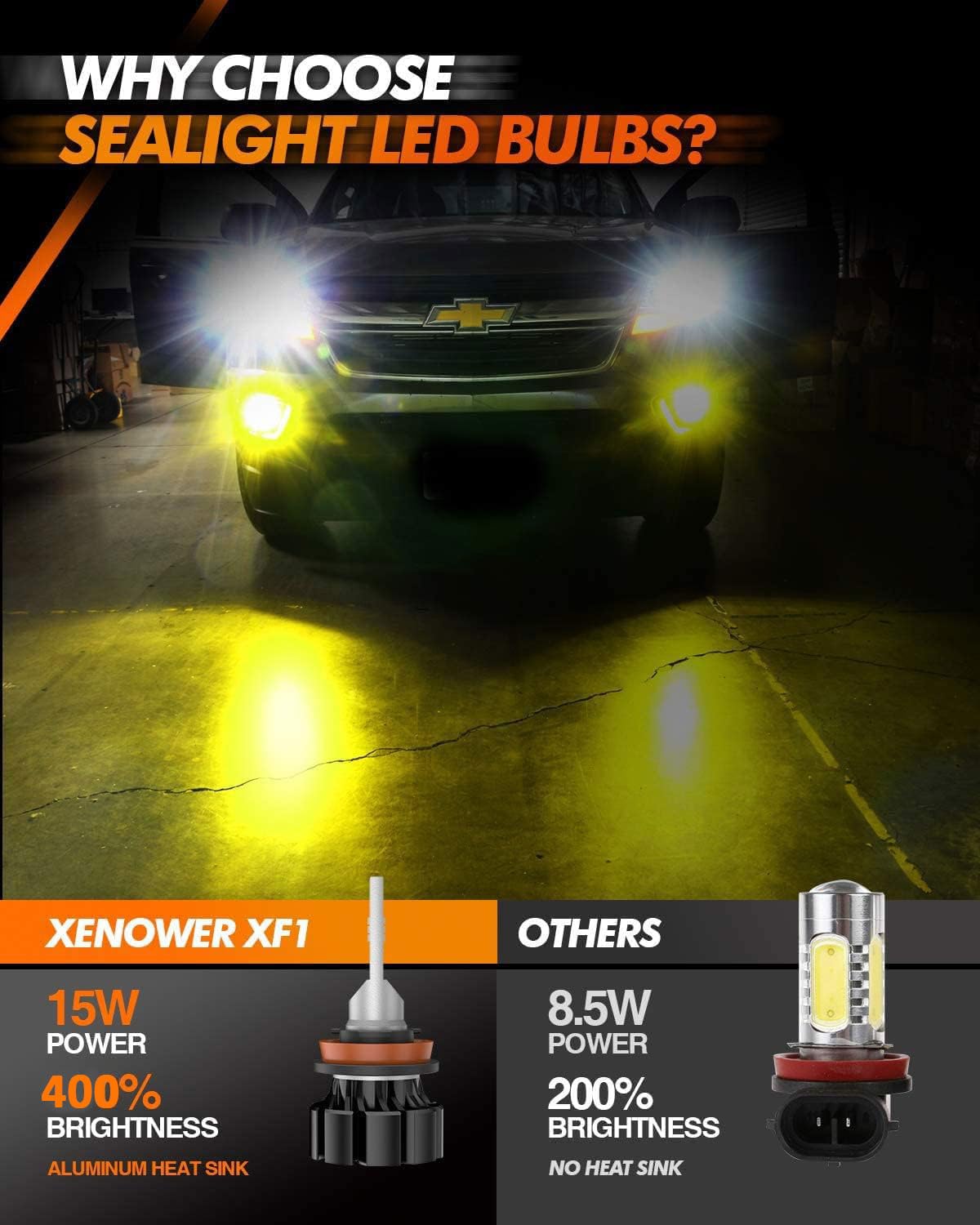SEALIGHT H8 H16 H11 LED Fog Light Bulbs 3000K Yellow - 400% Brighter H11 LED Bulb, Amber Fog Lamps with Strong Penetration - Compatible with H9 H8 Fog Lights for Cars & Trucks - Plug and Play (Pack of 2) - Perfect for Off-Roading, Foggy Conditions & Night Driving