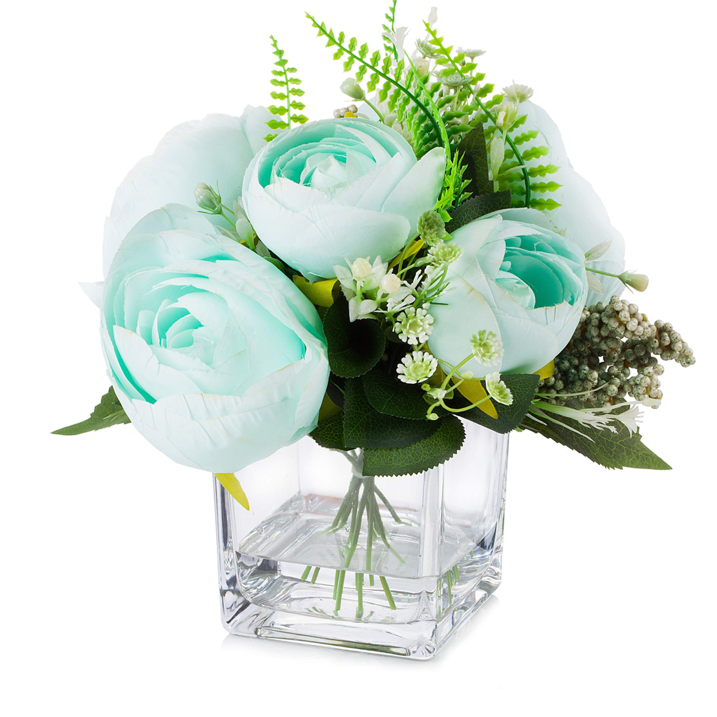 ENOVA HOME Artificial Silk Peony Flowers Arrangement in Glass Cube Vase - Elegant Home & Wedding Decor (Azure Blue) | Perfect for Centerpieces, Table Decor, Living Room & Office Decoration