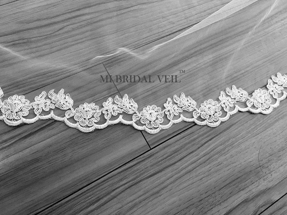 Elegant Cathedral Lace Wedding Veil with Blusher | Fingertip Length Lace Bridal Veil | Perfect for Church Weddings & Formal Ceremonies