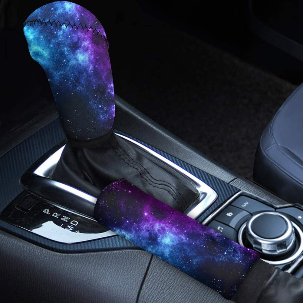Galaxy Print Neoprene Handbrake Cover & Gear Shift Knob Set - Purple Blue Starry Sky Design Car Interior Accessories for Sedan, SUV, Truck - Enhance Your Vehicle's Style & Grip