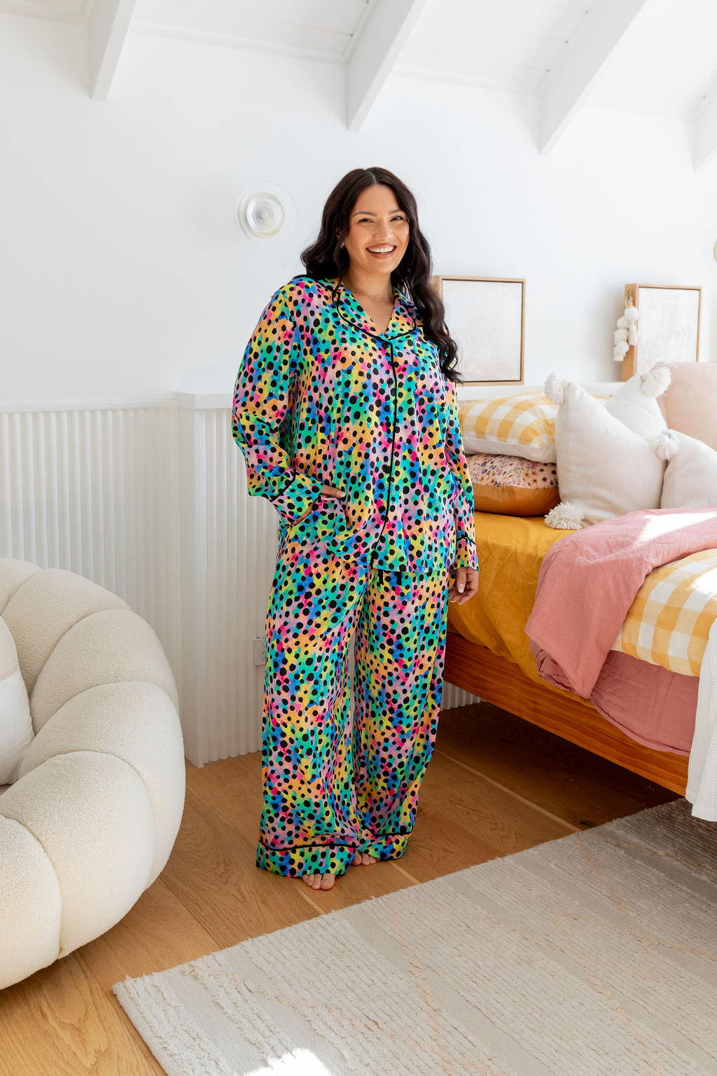 Kasey Rainbow Sundown Long Sleeve Shirt & Pants Sleepwear Set - Rainbow Cheetah Print PJs for Women | Cozy Lounge Wear & Comfortable Nightwear for Relaxing at Home