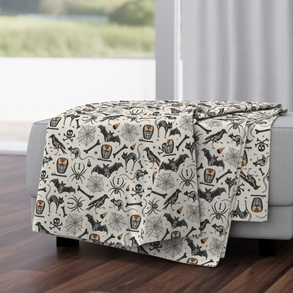 Halloween Tan Black Vintage Retro Bat Skeleton Print Plush Minky Throw Blanket 50