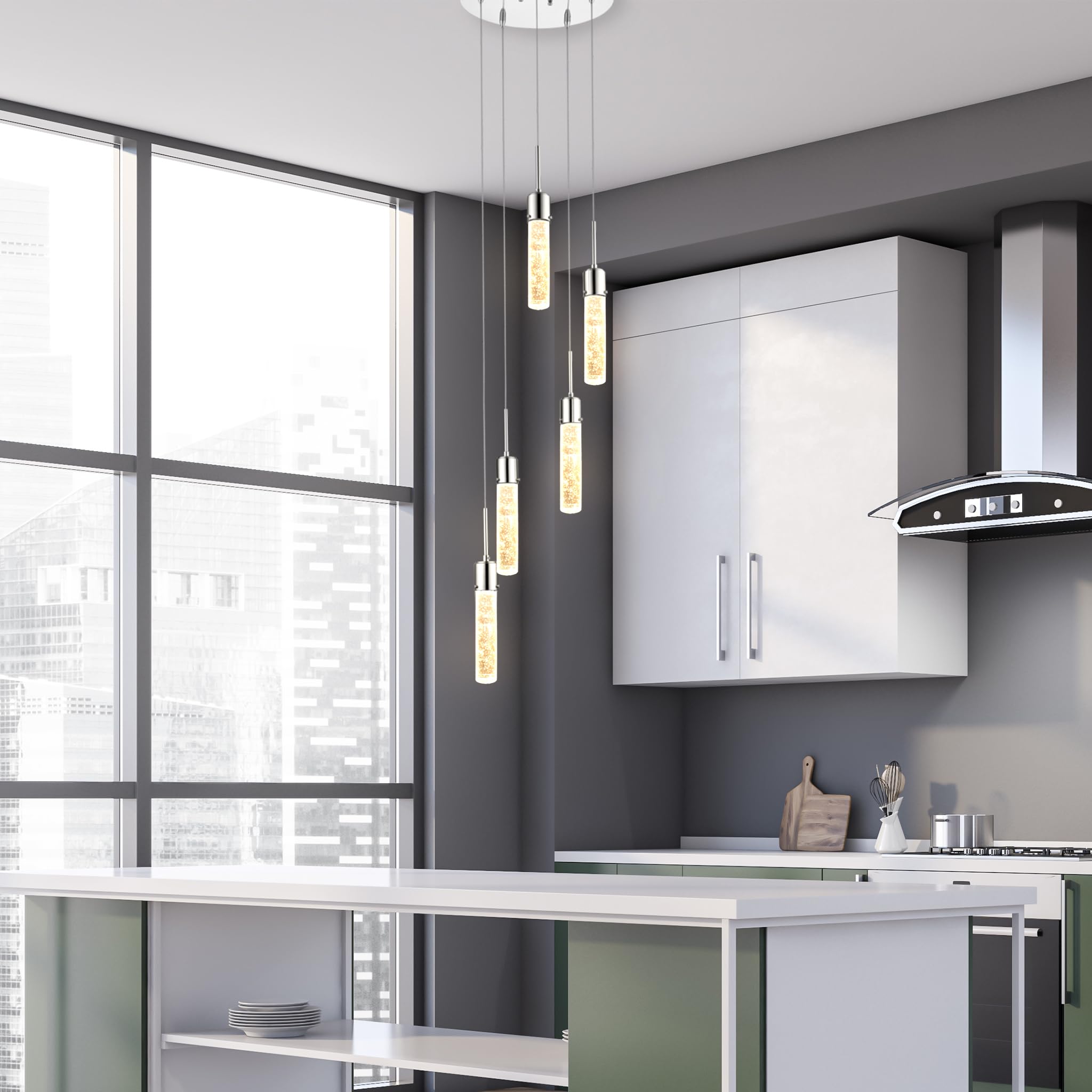 Modern LED Pendant Light - Adjustable Crystal Bubble Ceiling Fixture for Kitchen Island, Dining Room & Living Room | Chrome Finish 4000K Warm White | Perfect for Entryway, Bedroom & Office Lighting