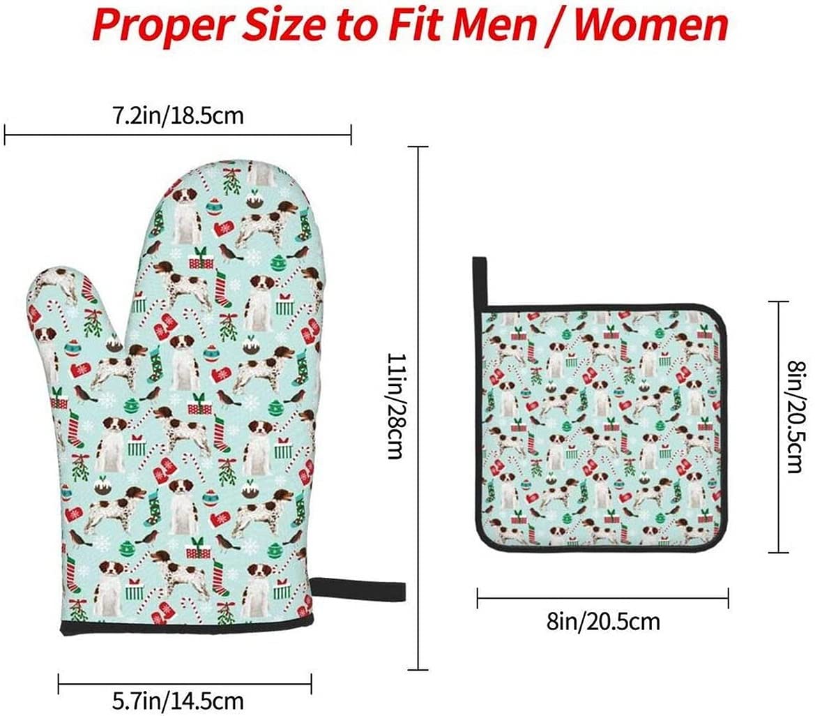 Brittany Spaniel Christmas Dog Pattern Oven Mitts and Pot Holders Set of 3 - Heat Resistant Kitchen Gloves for Cooking, Baking, BBQ & Grilling - Perfect Holiday Gift for Dog Lovers