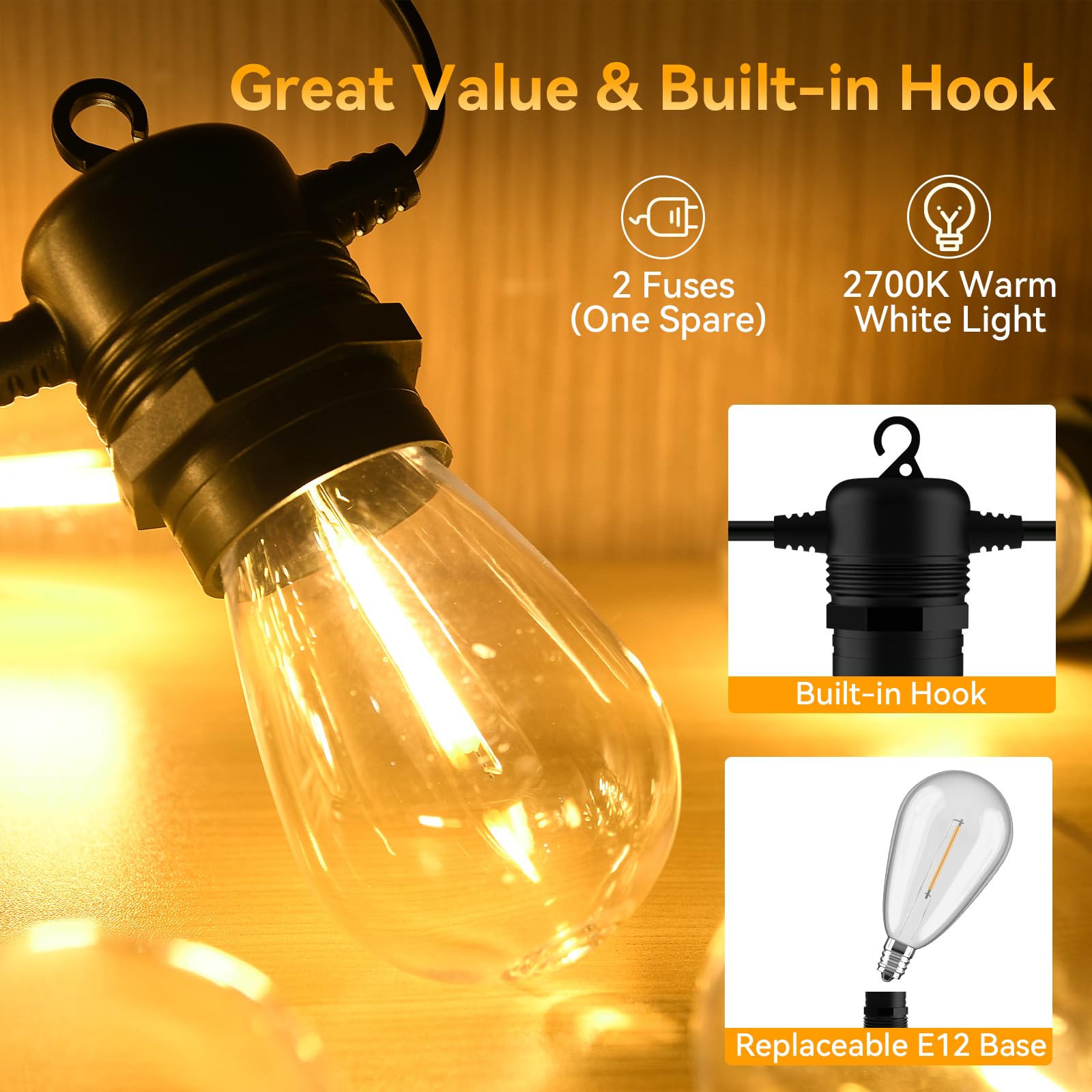 Waterproof 25FT LED Outdoor String Lights - Shatterproof S14 Bulbs, Dimmable & Linkable Patio Lights for Porch, Backyard, Garden, Balcony, Bistro & Commercial Use | Perfect for Outdoor Dining, Wedding Decor & Landscape Lighting