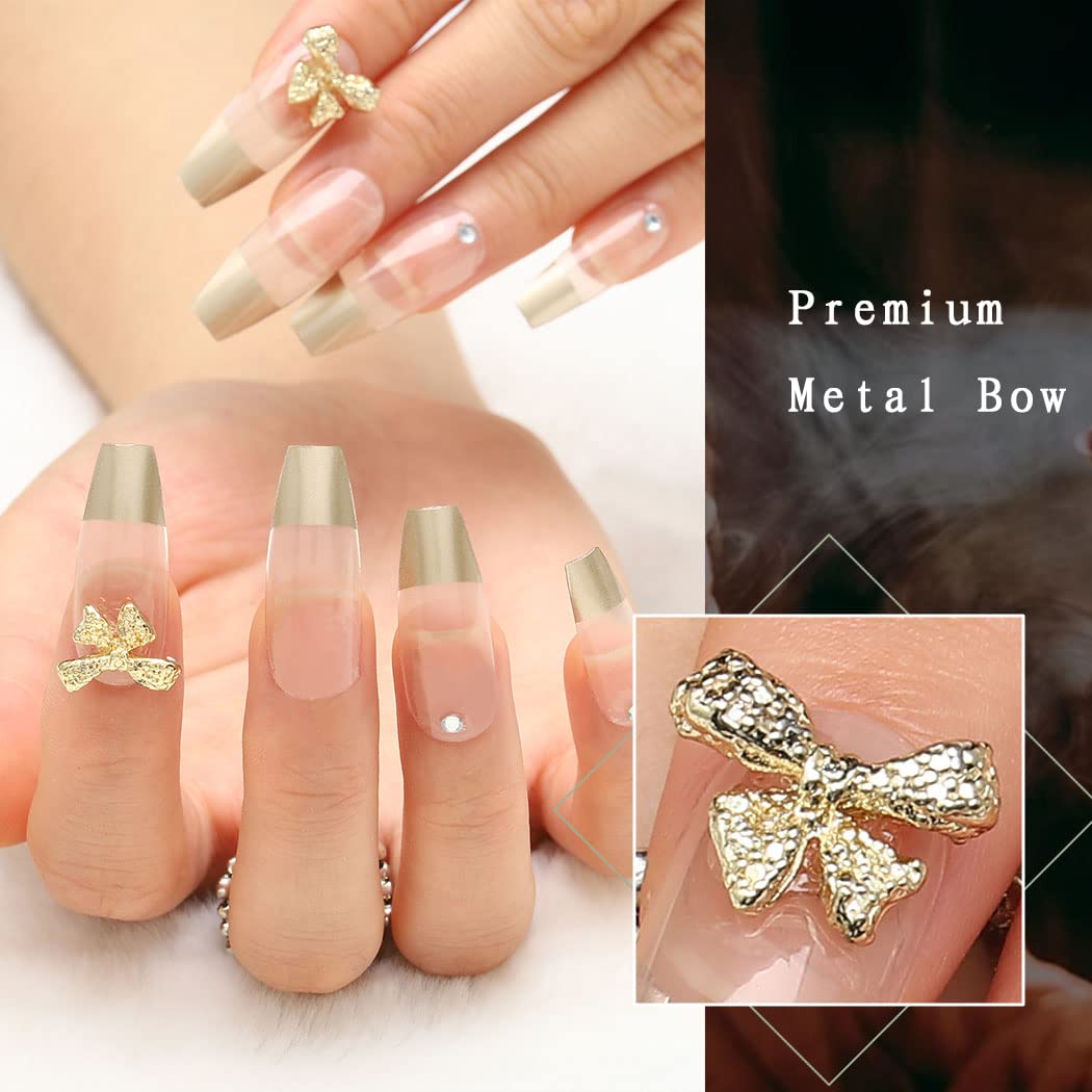 24pcs Luxury 3D Bowknot Acrylic Press-on Nails - Golden French Ballerina Coffin Fake Nails with Glossy Finish for Women & Girls | Perfect for Parties, Weddings & Special Occasions