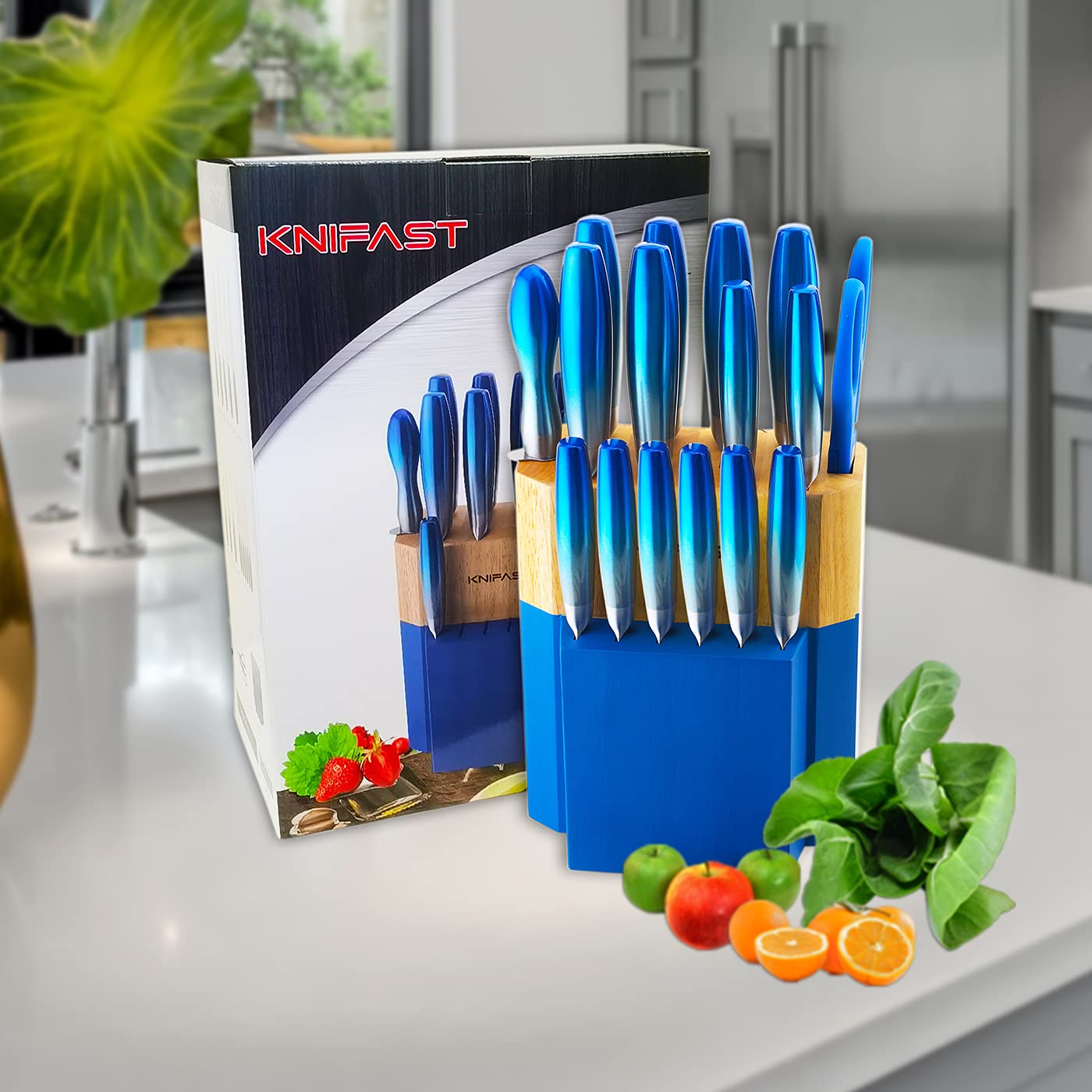 KNIFAST 17-Piece Full Tang German Stainless Steel Kitchen Knife Set with Wooden Block, Knife Sharpener & 6 Steak Knives (Blue) - Perfect for Home Chefs, Cooking Enthusiasts & Professional Kitchens