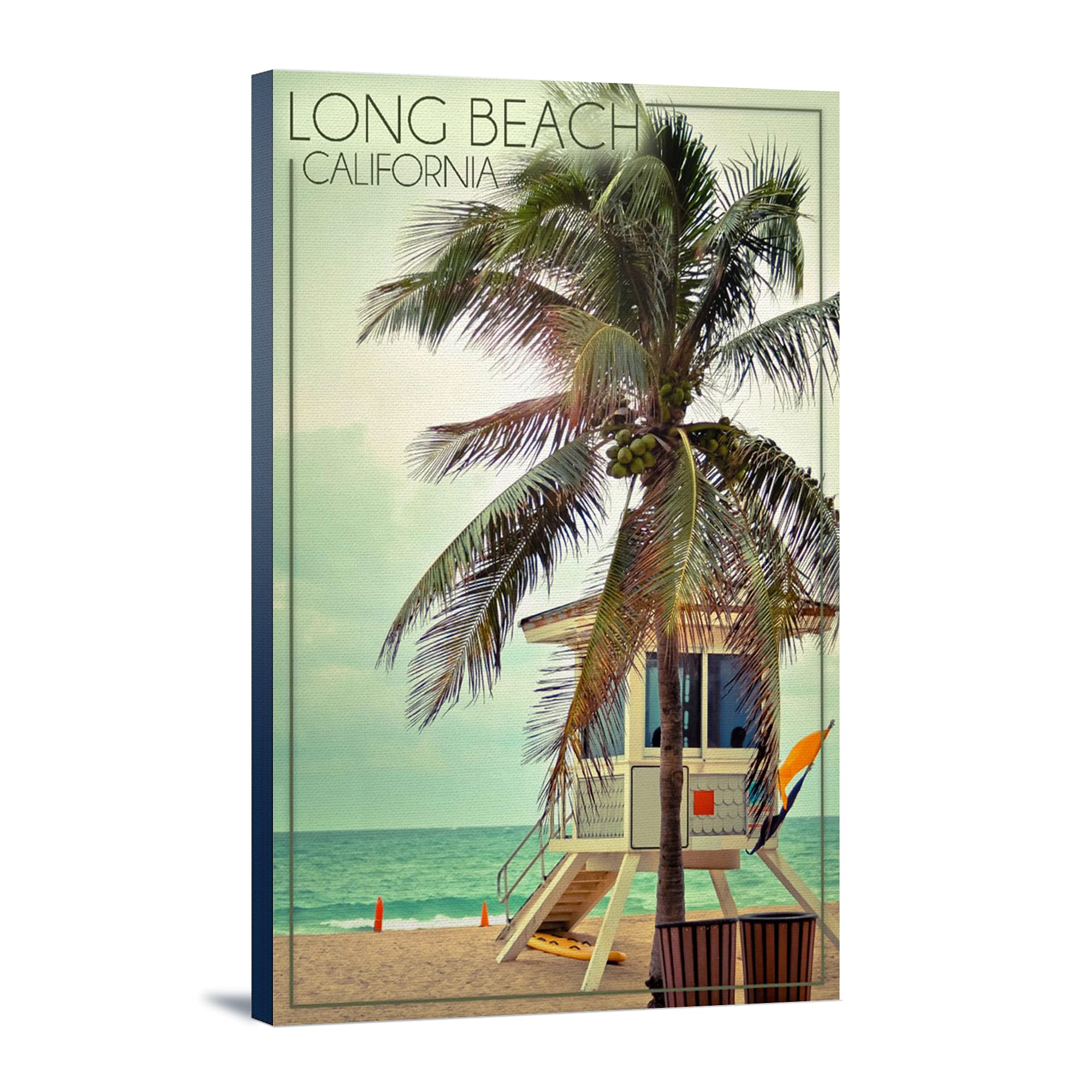 Long Beach California Lifeguard Shack & Palm Tree Art Print - 24x36 Gallery Wrapped Canvas Wall Decor for Beach House, Coastal Living Room or Office