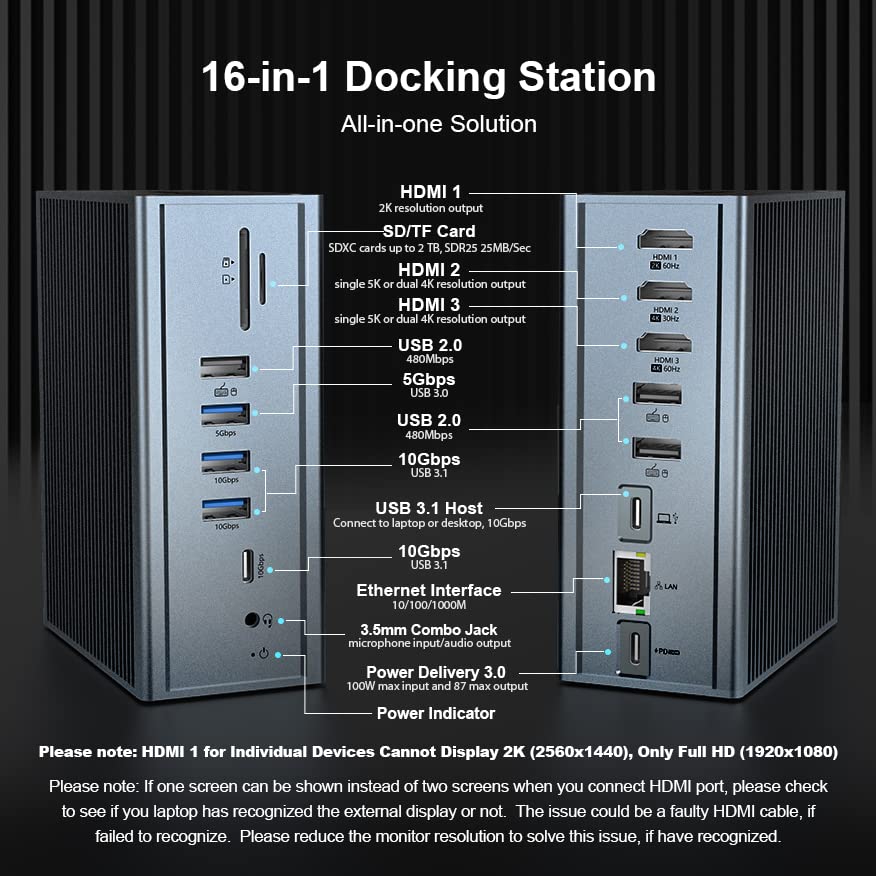 16-in-1 USB-C Docking Station with Triple HDMI, 100W PD Charging, Ethernet Port, 3.5mm Audio, USB-A & USB-C Ports, SD/TF Card Reader - Compatible with MacBook Pro/Air & Thunderbolt 3 Laptops for Home Office & Gaming Setup