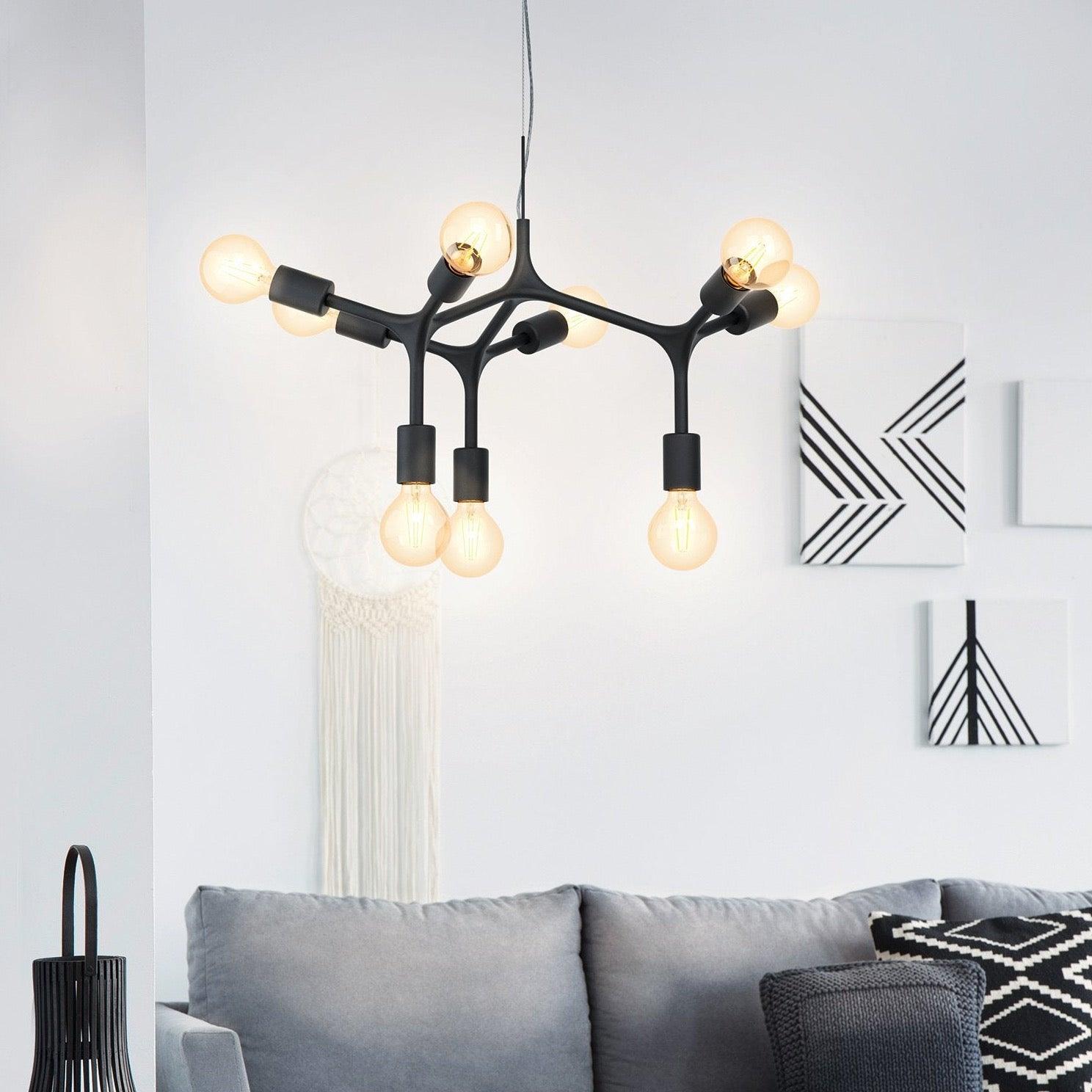 Eglo Bocadella 9-Arm Black Metal Ceiling Pendant Light Fixture - Modern Industrial Chandelier for Dining Room, Kitchen, or Living Room Lighting