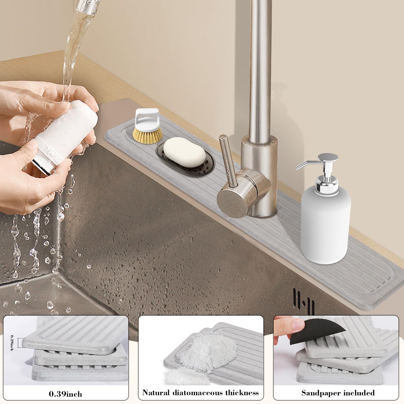 Premium Diatomite Stone Faucet Mat for Kitchen & Bathroom Sink - 15.7x3.9 Inch Quick Dry Non-Slip Counter Mat - Prevents Moisture & Water Spills - Perfect for Dishwashing, Handwashing & Countertop Protection (Gray)